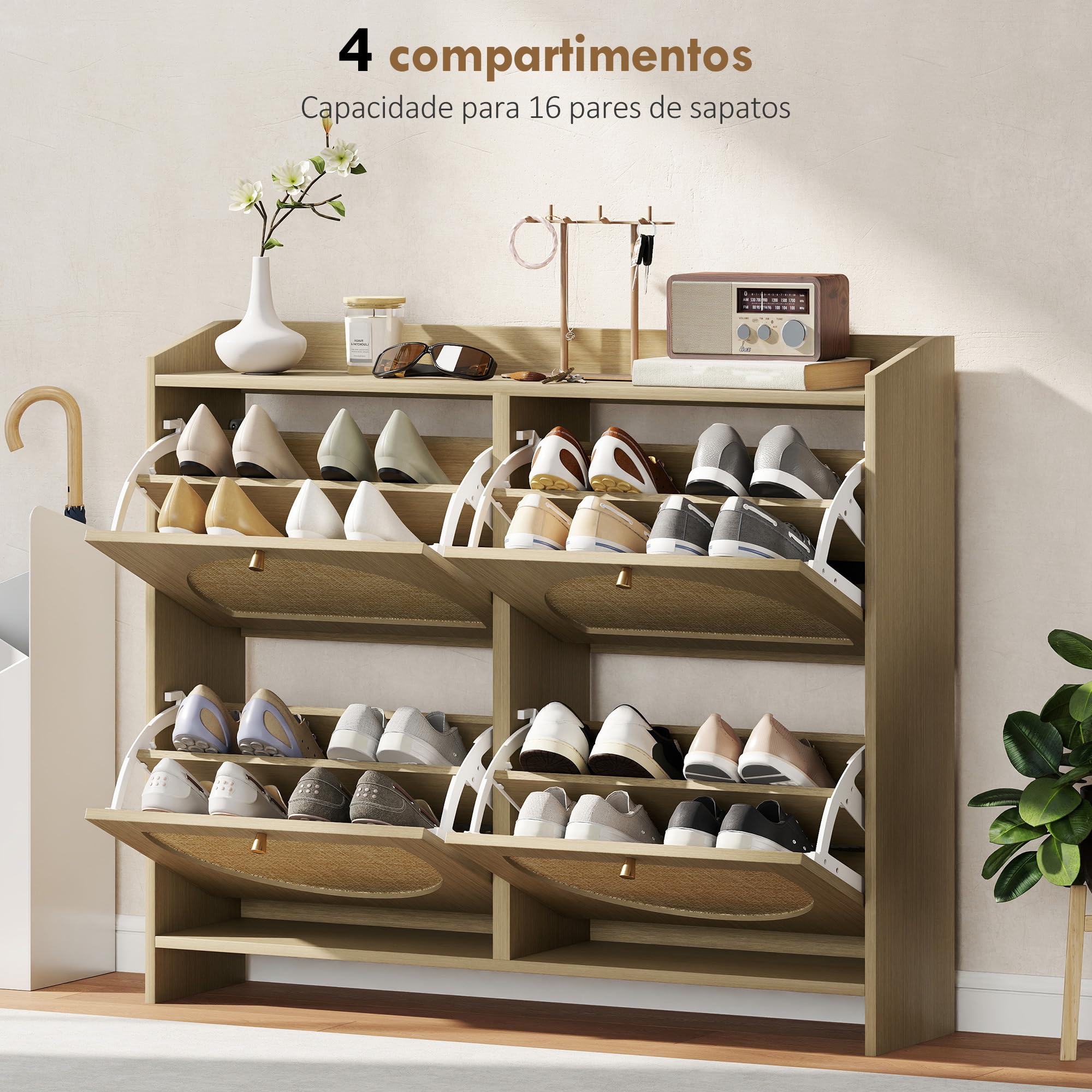 HOMCOM Zapatero Estrecho con 4 Puertas de Ratán 104,5x24x88 cm Natural