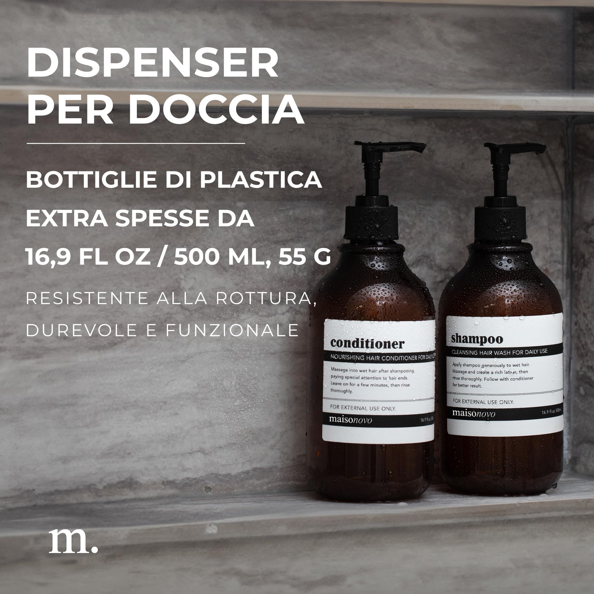 MaisoNovo Bottiglie per shampoo e balsamo Set di 3 - dispenser sapone doccia - 500ml Dispenser shampoo e bagnoschiuma - bottiglie di plastica ambra e Pompe nere