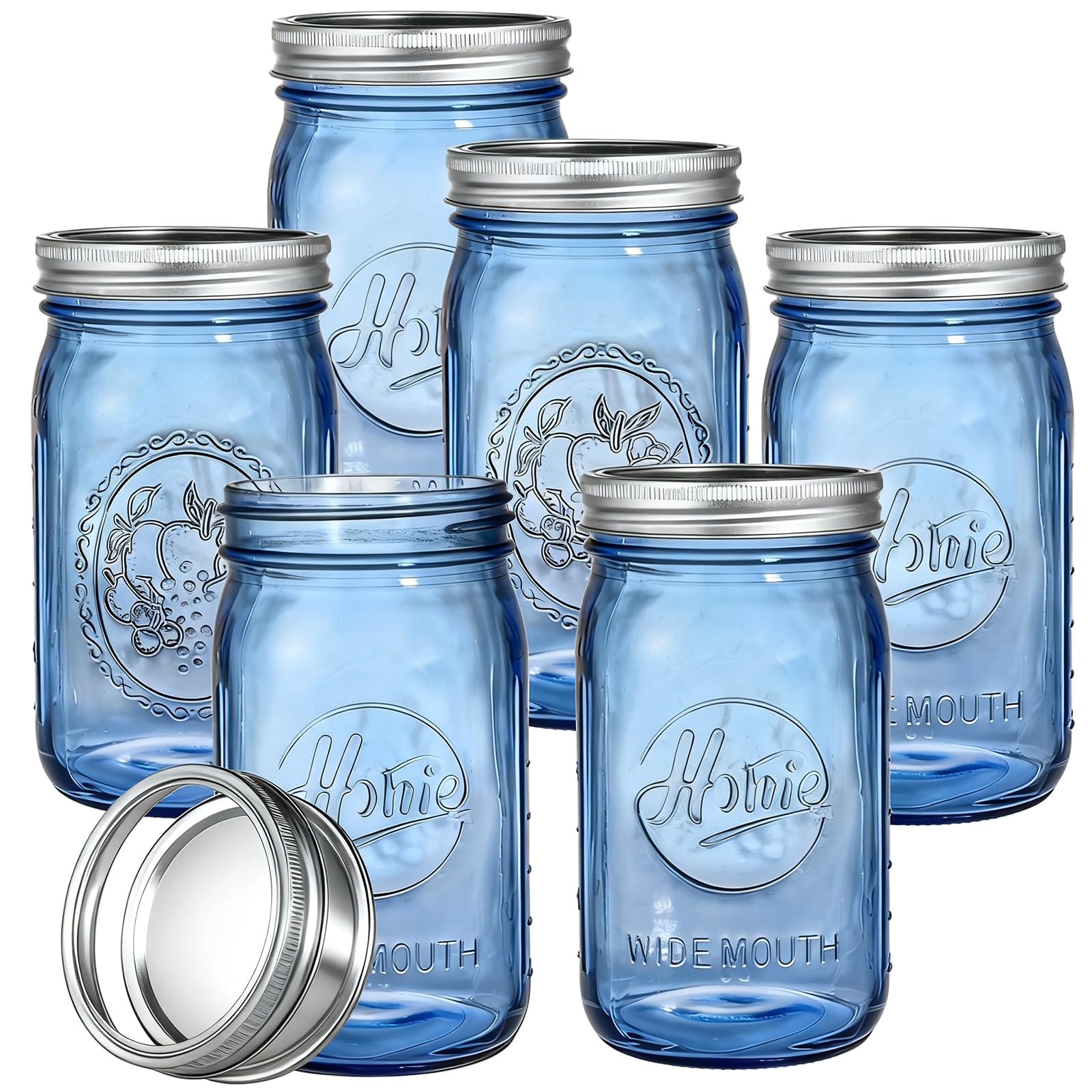 6 Pack 32oz Vintage Blue Home Mason Jars with Airtight lids & Bands, Wide Mouth Quart Glass Canning Jar for Fermenting, Pickling, Storage, DIY Crafts & Decor