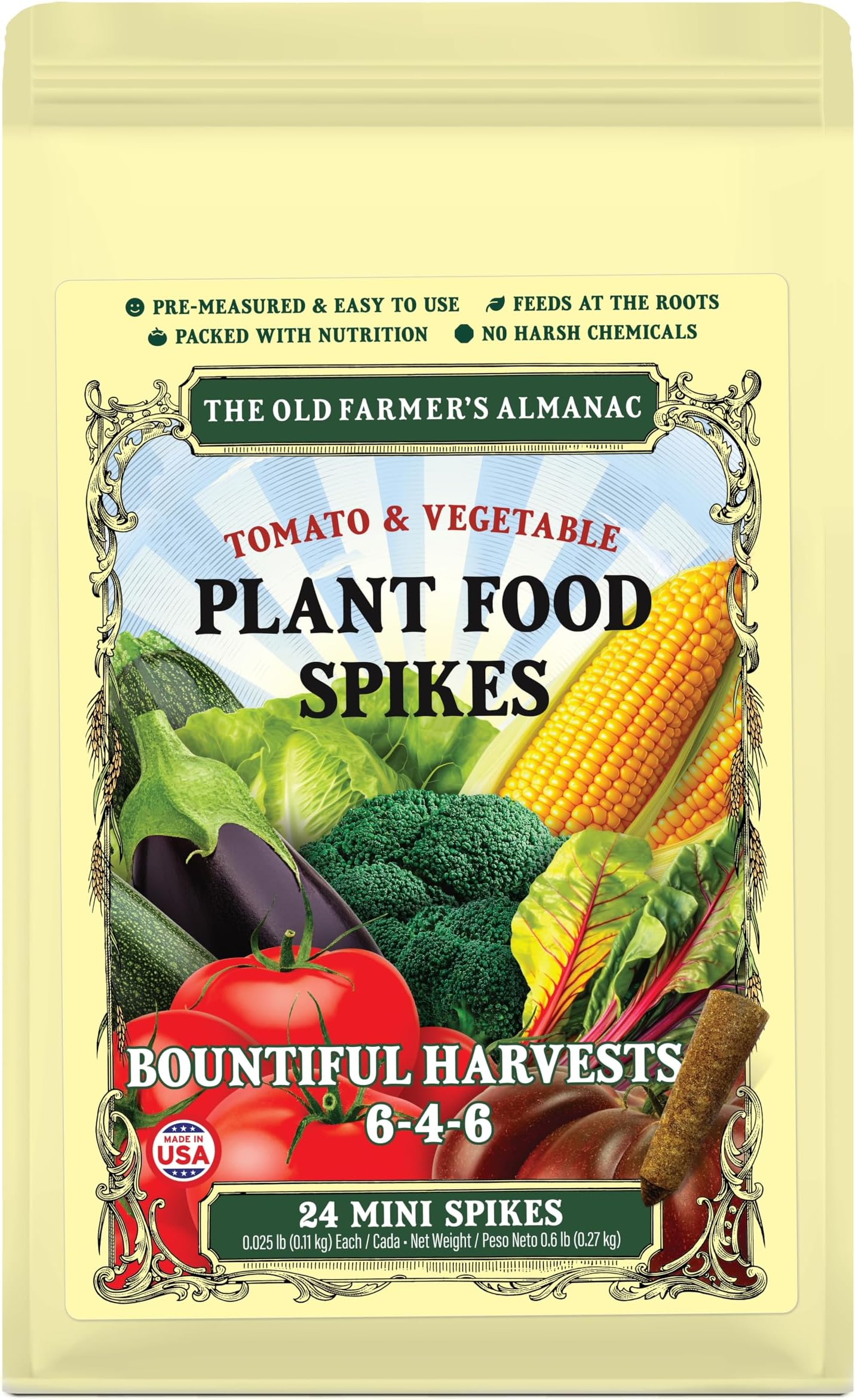 The Old Farmer's Almanac Tomato & Vegetable Plant Food Mini Spikes - NPK 6-4-6 for Continuous Feeding and Bountiful Harvests (24 Mini Spikes)