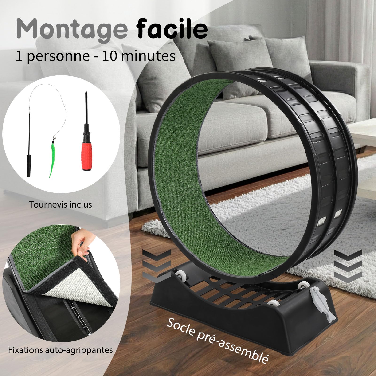 LEADZM Rueda de ejercicio para gato 80 cm - Rueda para gatos de hasta 15 kg - Conector de riel de plástico, resistente a los arañazos, estable y silencioso (Negro)