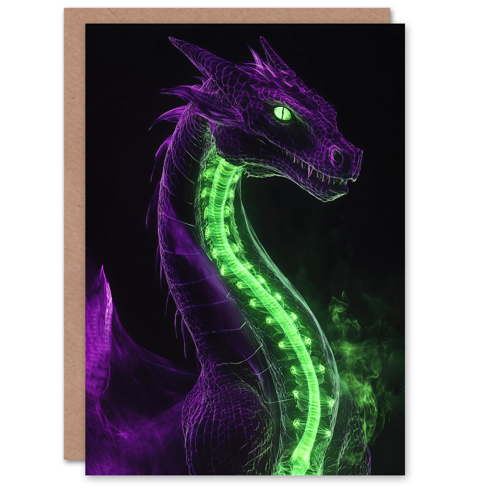 Artery8 Greeting Card Fantasy Dragon Neon Purple Green Xray Effect Blank For Him Or Her Art Birthday Card