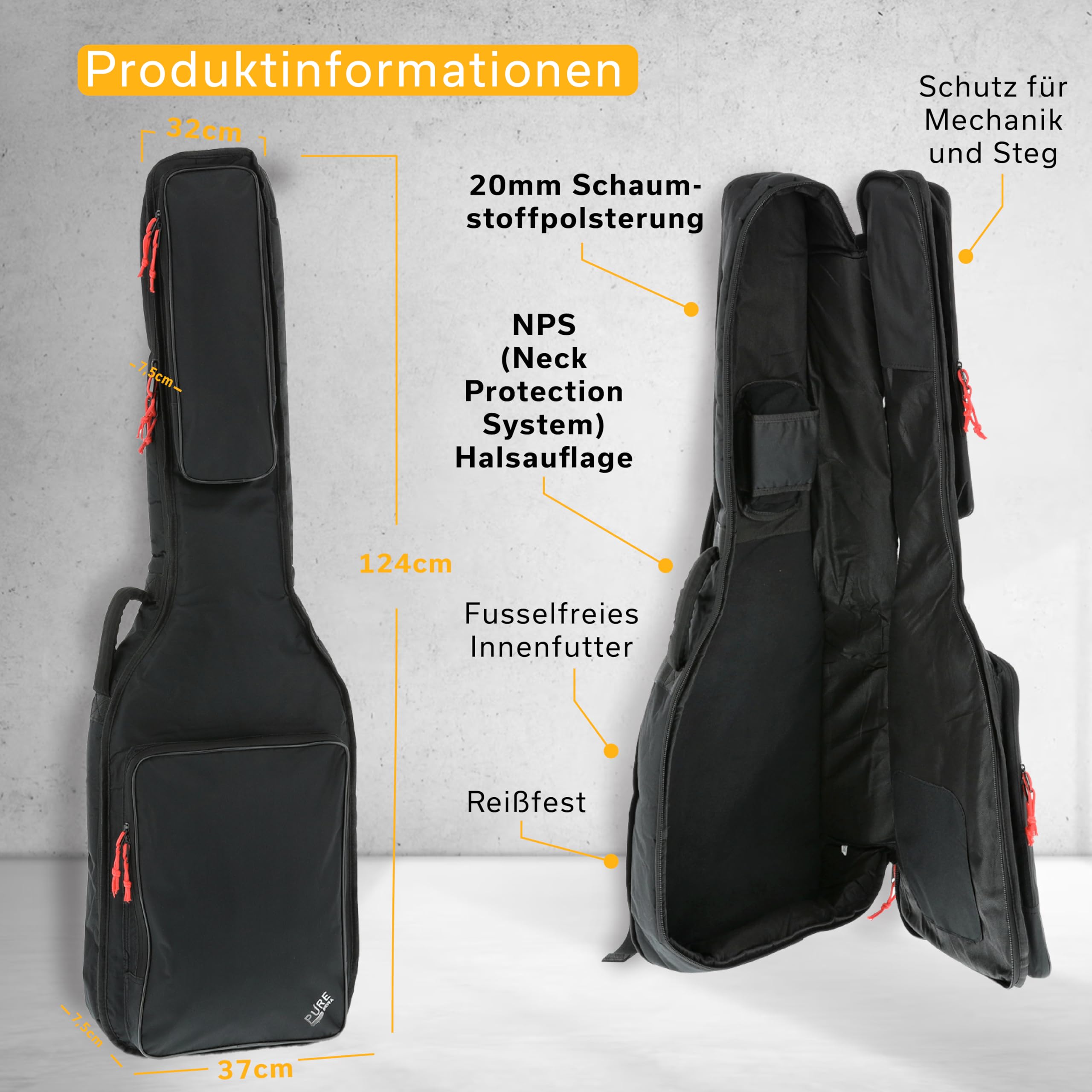 Funda GEWA Pure Serie 120 para bajo eléctrico negro, acolchado de espuma de 20mm con bolsillo grande para partituras