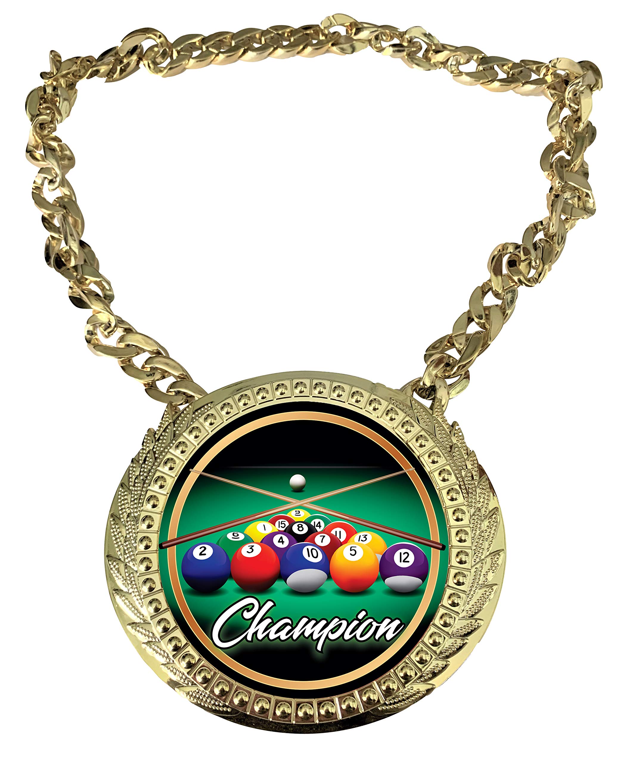 Express Medals Billiards Pool Champ Chain Trophy Award with a Center Plaque Plate Measuring 6 by 5.25 Inches and Includes a 34 Inch Chain with Black Velvet Presentation Bag.