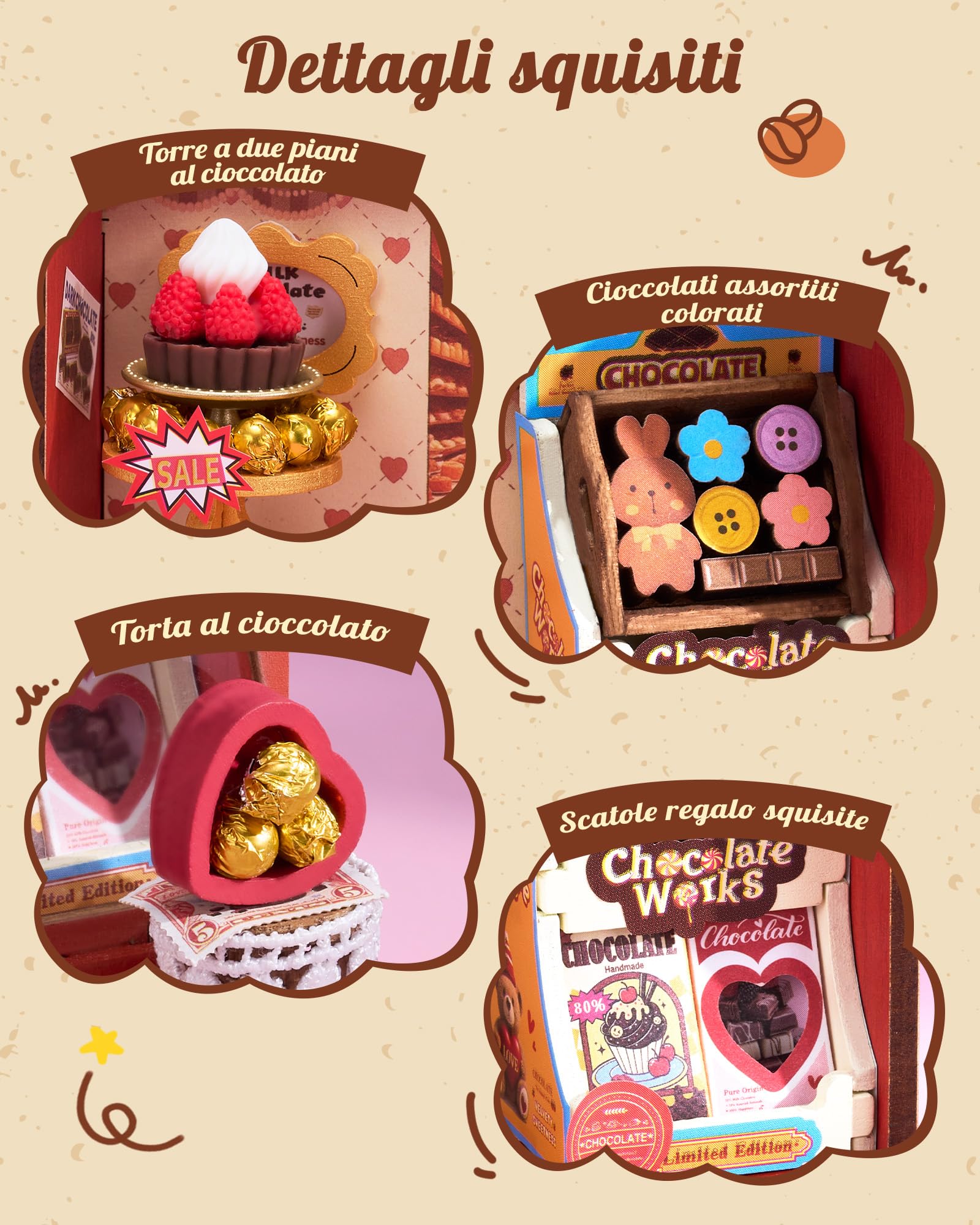 Rolife Miniature Casa Sweet Chocolate Shop, 98 pezzi Kit Casa in Miniatura DIY, Modellismo da Costruire Adulti Casa delle Bambole in Legno Puzzle 3D Nessun collante necessario