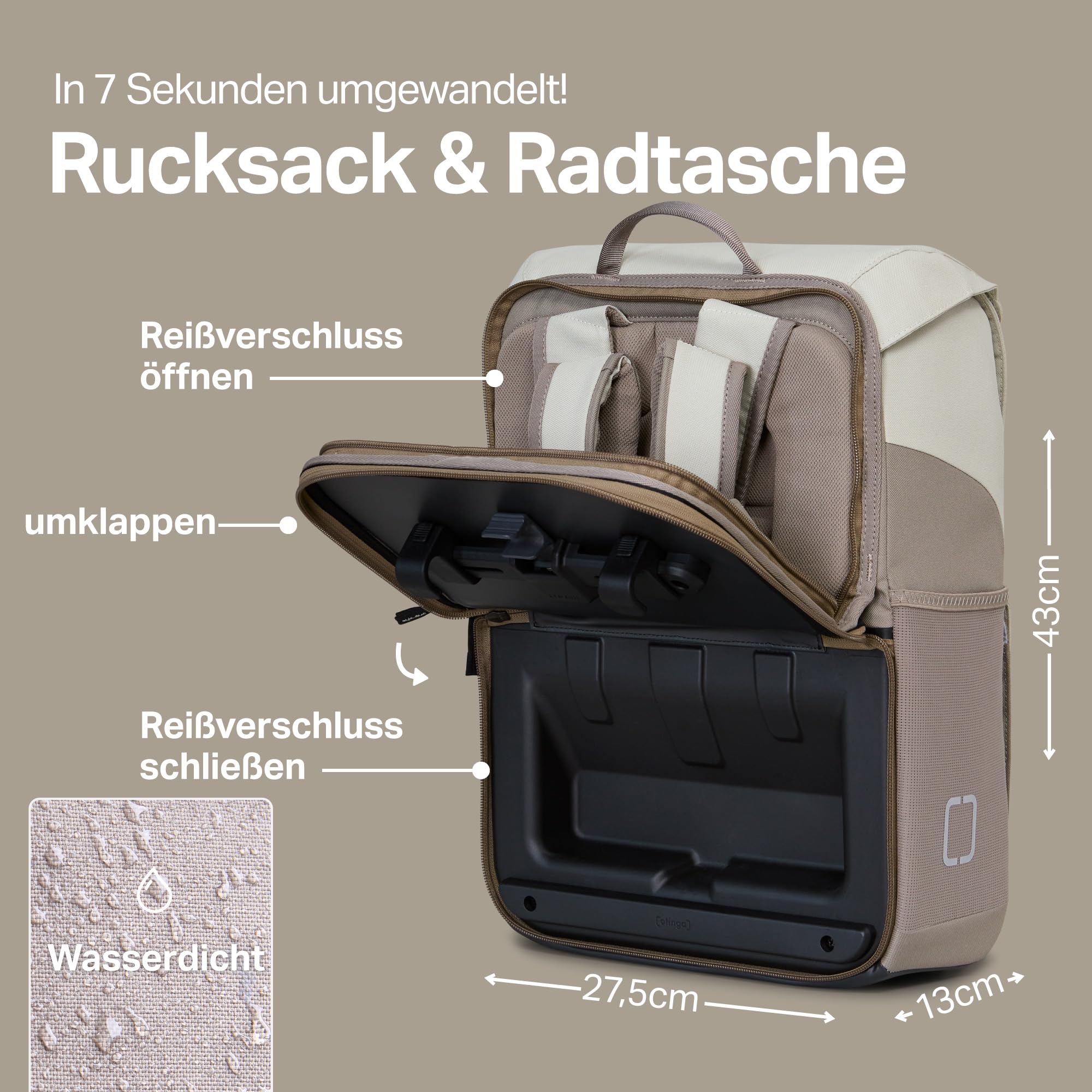 otinga® Flip Move Fahrradtasche Rucksack [16L Volumen] für jeden Gepäckträger I Gepäckträgertasche mit Rucksack - in 7 Sekunden umgebaut I Wasserdichter Fahrradrucksack Gepäckträger (leinen-grau)