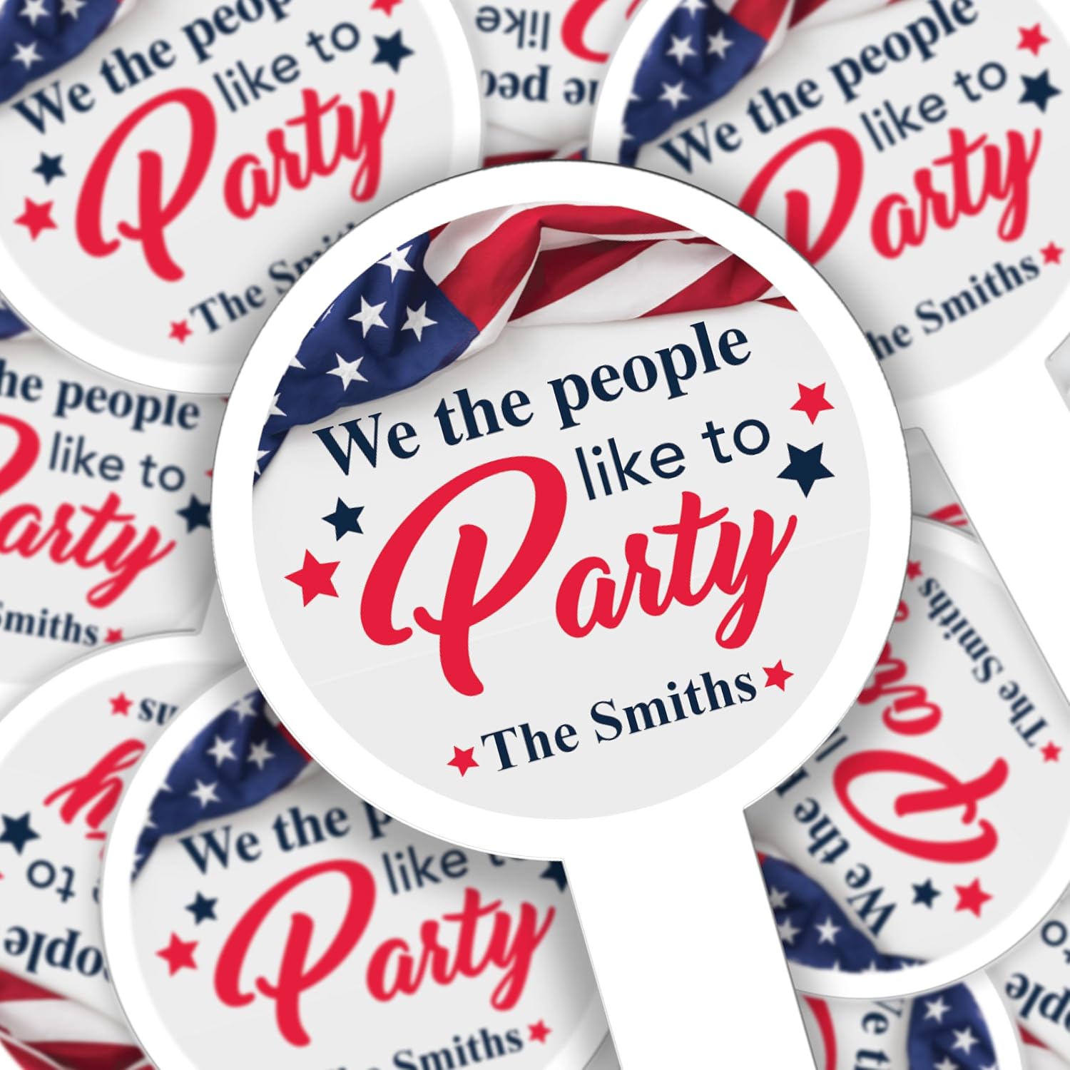 Custom Patriotic Cupcake Toppers, 2x4 Inches, Solid Plastic Personalized America Party Cupcake Toppers, We The People Like To Party July 4th Cupcake Topper Dessert Picks (25)