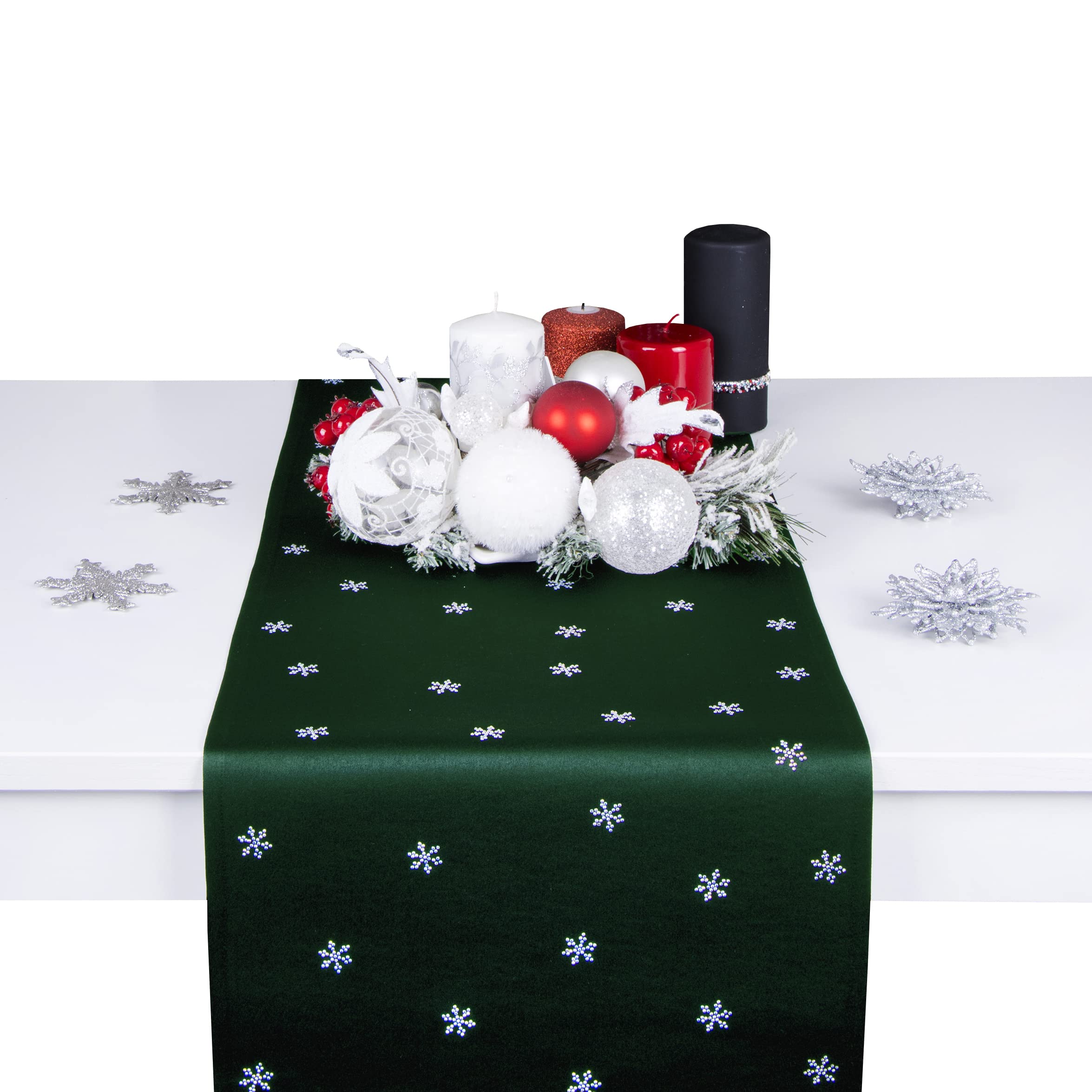 Tischläufer für Weihnachten - schmutzabweisendes Tischband, 40 x 220 cm, Dunkelgrün, Weinachtstischläufer aus 200 g/m² Stoff, Kristallen in Form von Schneeflocken, hergestellt in der EU