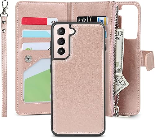 Miniatura 10 de iCoverCase Funda tipo cartera para Samsung Galaxy S21 5G con tarjetero, 2 en 1, de piel sintética, con cierre magnético, bolsillo con cremallera, a