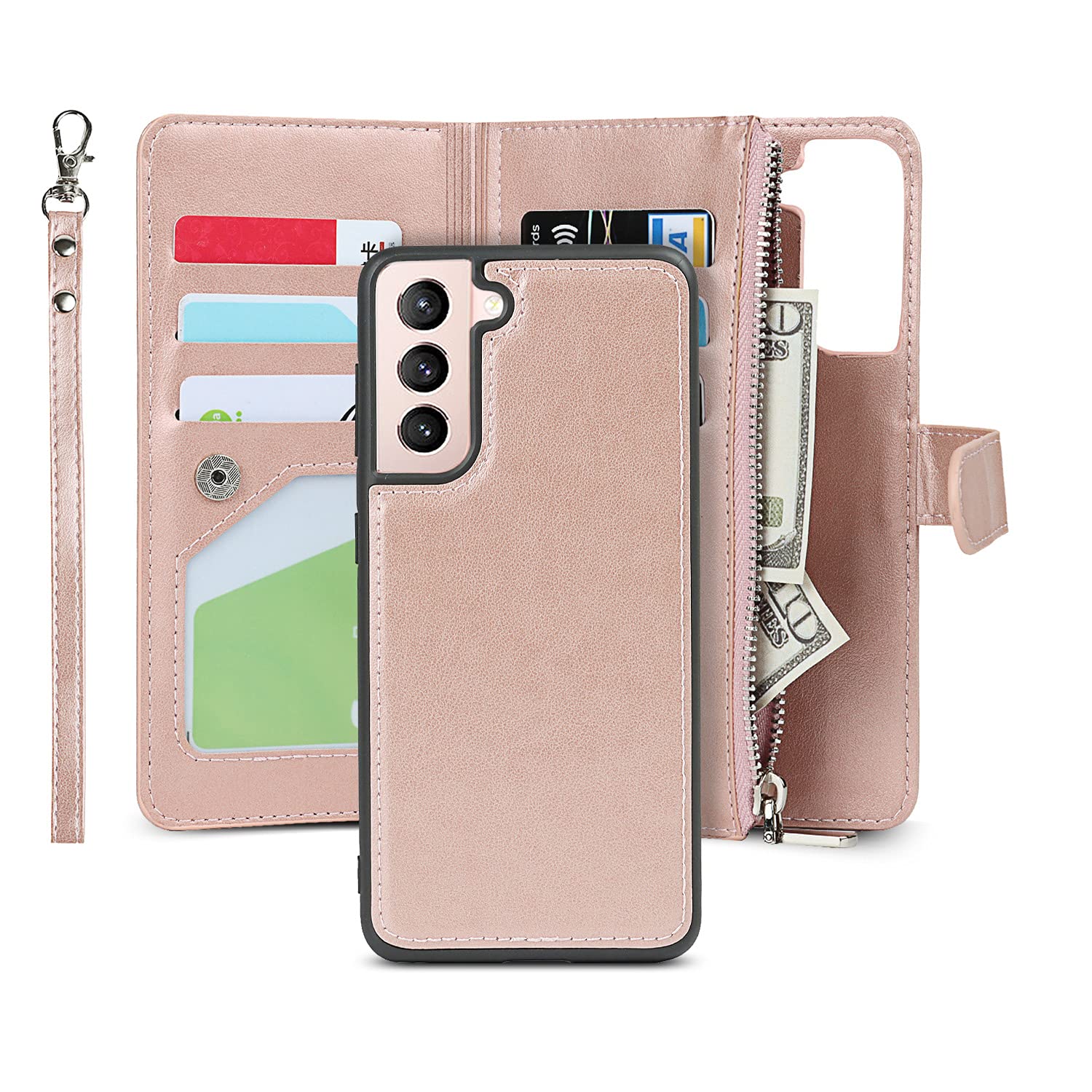 iCoverCase for Samsung Galaxy S21 5G Wallet Case with Card Holder, 2 in 1 PU Leather Case with Magnetic Clasp Zipper S Rose Gold