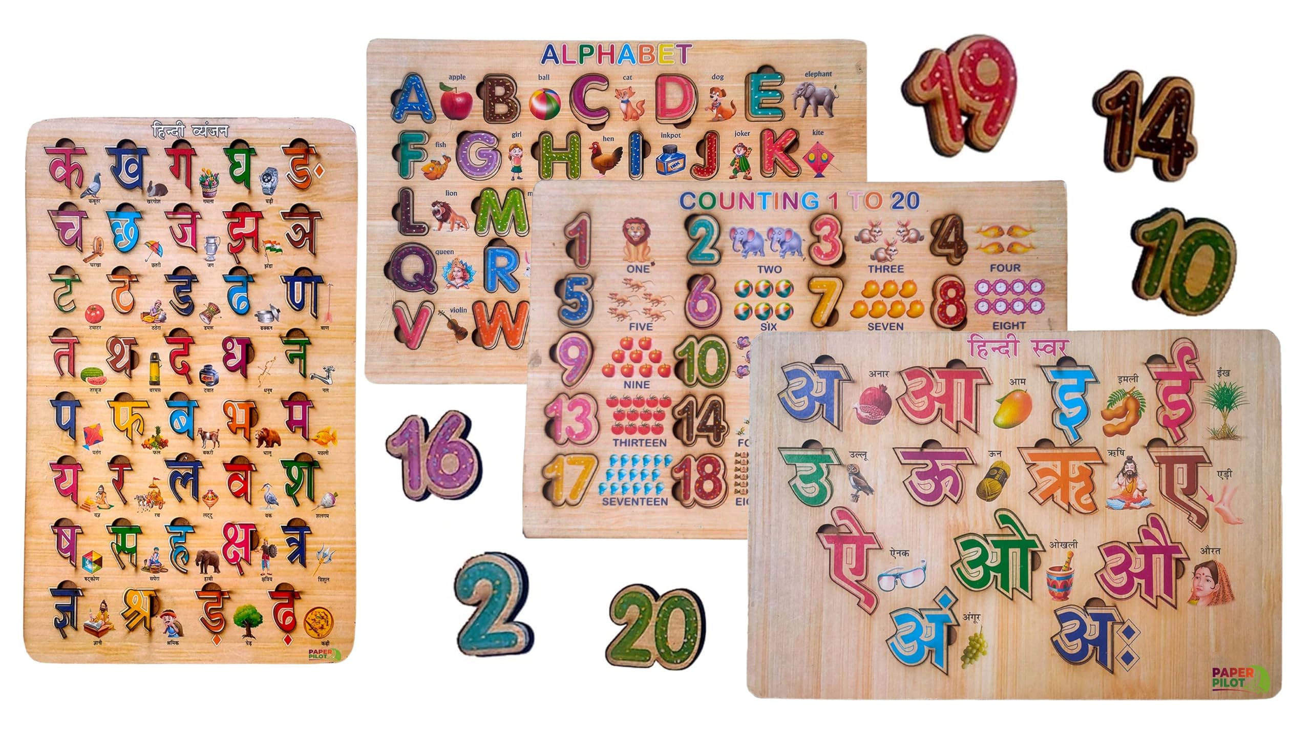 PaperPilot Wooden Learning Educational Puzzle Set for Kids | Set of 4 | Puzzle Toys for 2 Years Old Boys & Girls | Puzzle Toys for Kids | English Alphabet, Numbers, Hindi Varnmala (Swar & Vyanjan both) (B0CJP3WRWJ) Amazon Price History, Amazon Price Tracker