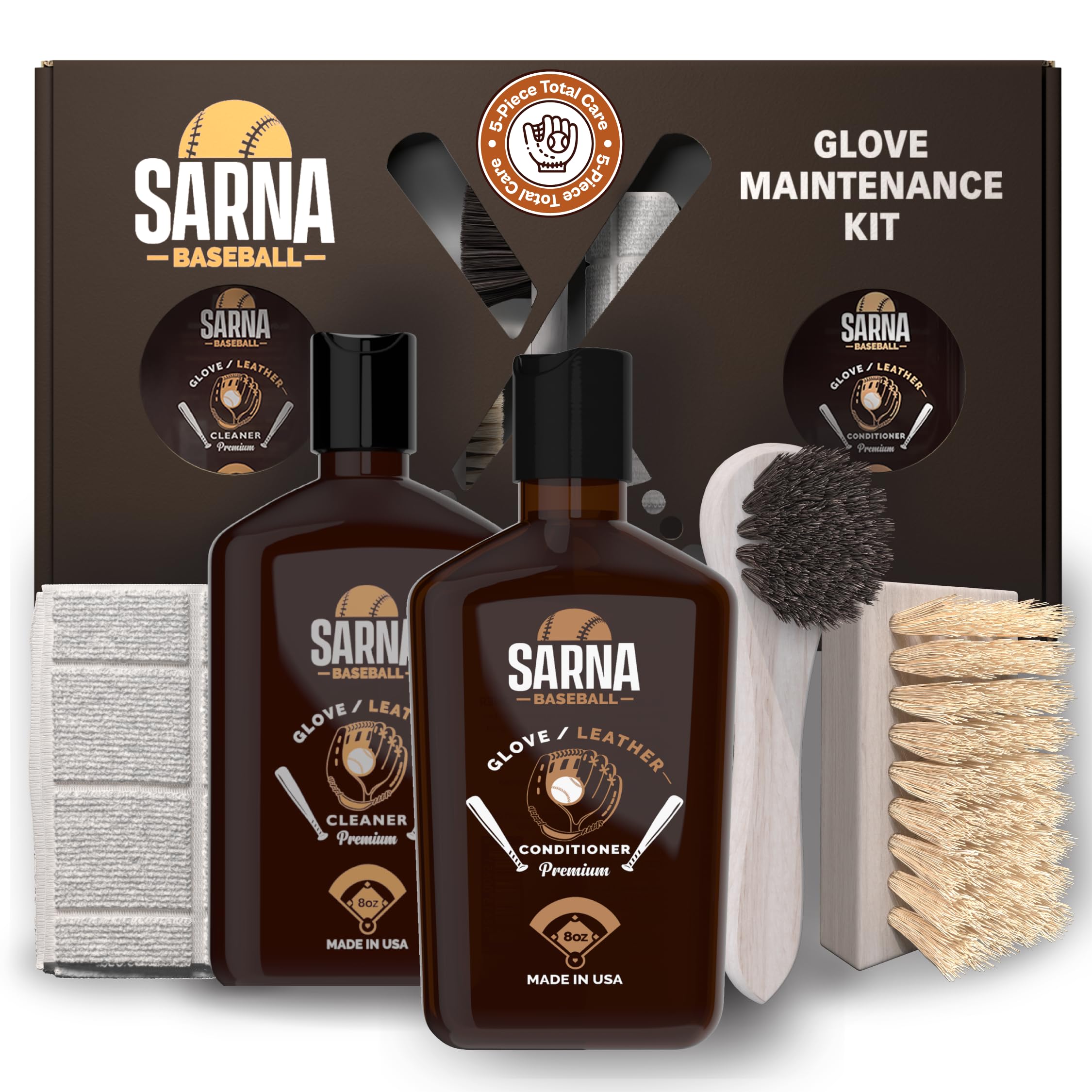 Sarna Glove Conditioner Kit – Includes Cleaner, Soft & Hard Brushes, Microfiber Cloth – Non-Darkening Leather Conditioner for Baseball Gloves, Mitts & Softball Gear – Pro-Grade Care for Longevity