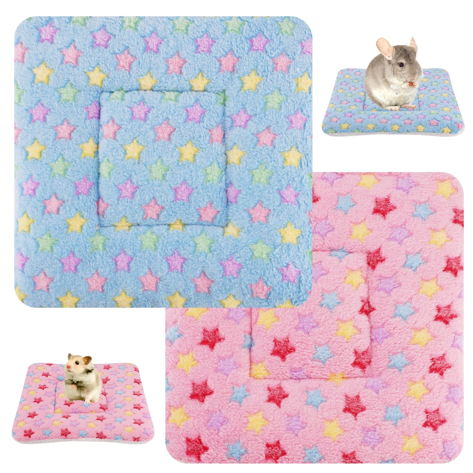 Hileyu 2 Piezas Cama de Felpa para Animales Pequeños,Manta Cálida para Perros y Gatos Almohadilla para Dormir Alfombrilla de Cama Esponjosa para Conejillo de Indias,Hámster,Conejo,Gatito(Rosa, Azul)