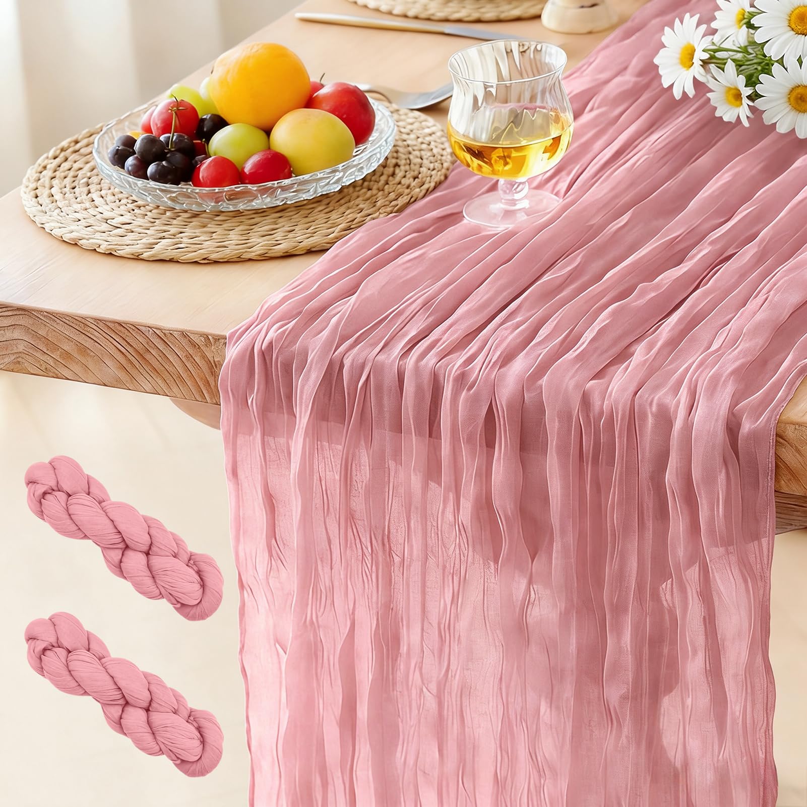 2 Pack Cheesecloth Table Runner Dark Pink, 300 x 90 CM Bohemian-style Gauze Rustic Gauze Fabric Tablecloth for Wedding, Parties, Christmas and New Year's Eve Table Decoration — image 1