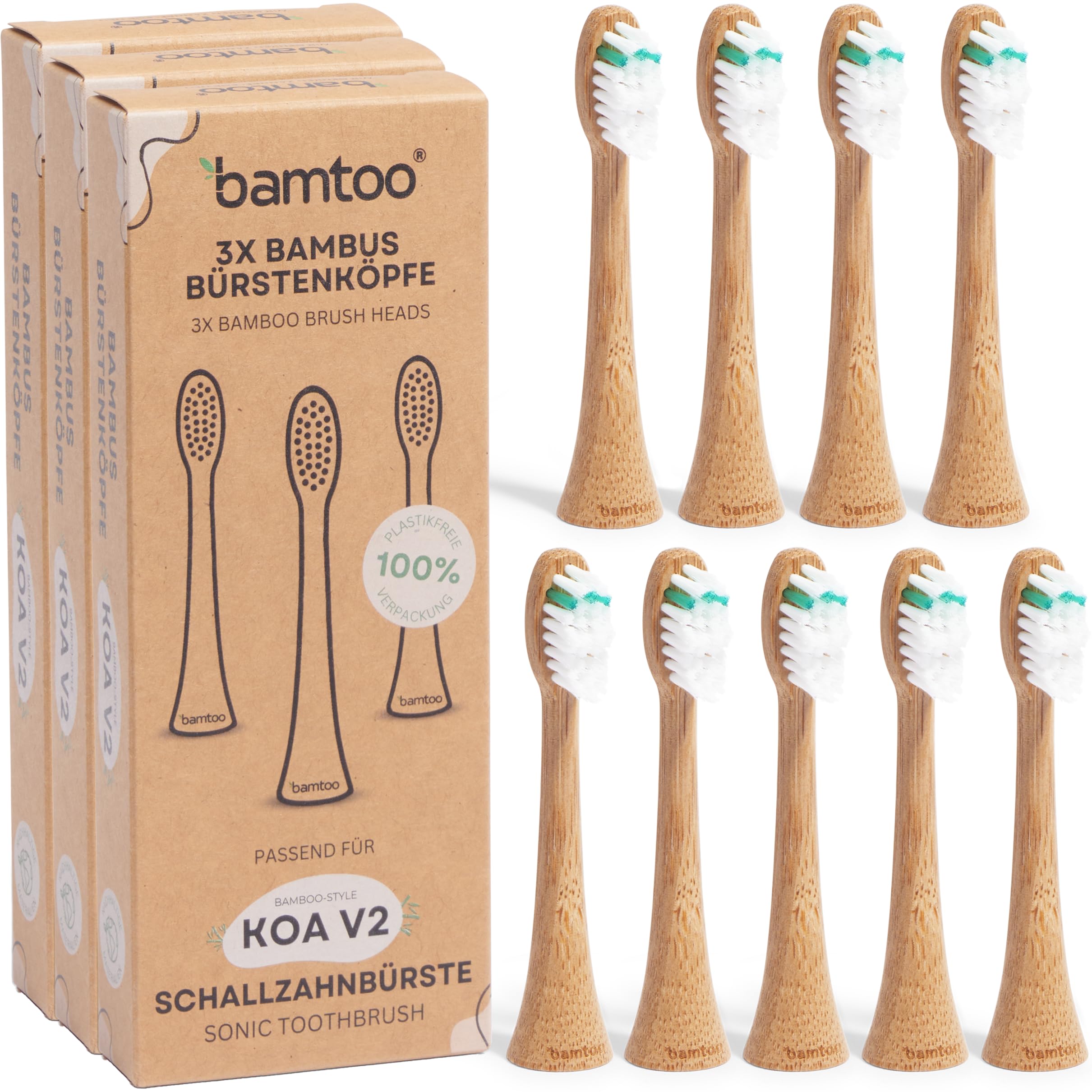 Ersatzköpfe Schallzahnbürste - Mittelharte DuPont™ Borsten, mit nachhaltigem Bambus-Holz - Passend für KOA V2 Schallzahnbürste - 3x3 Stück