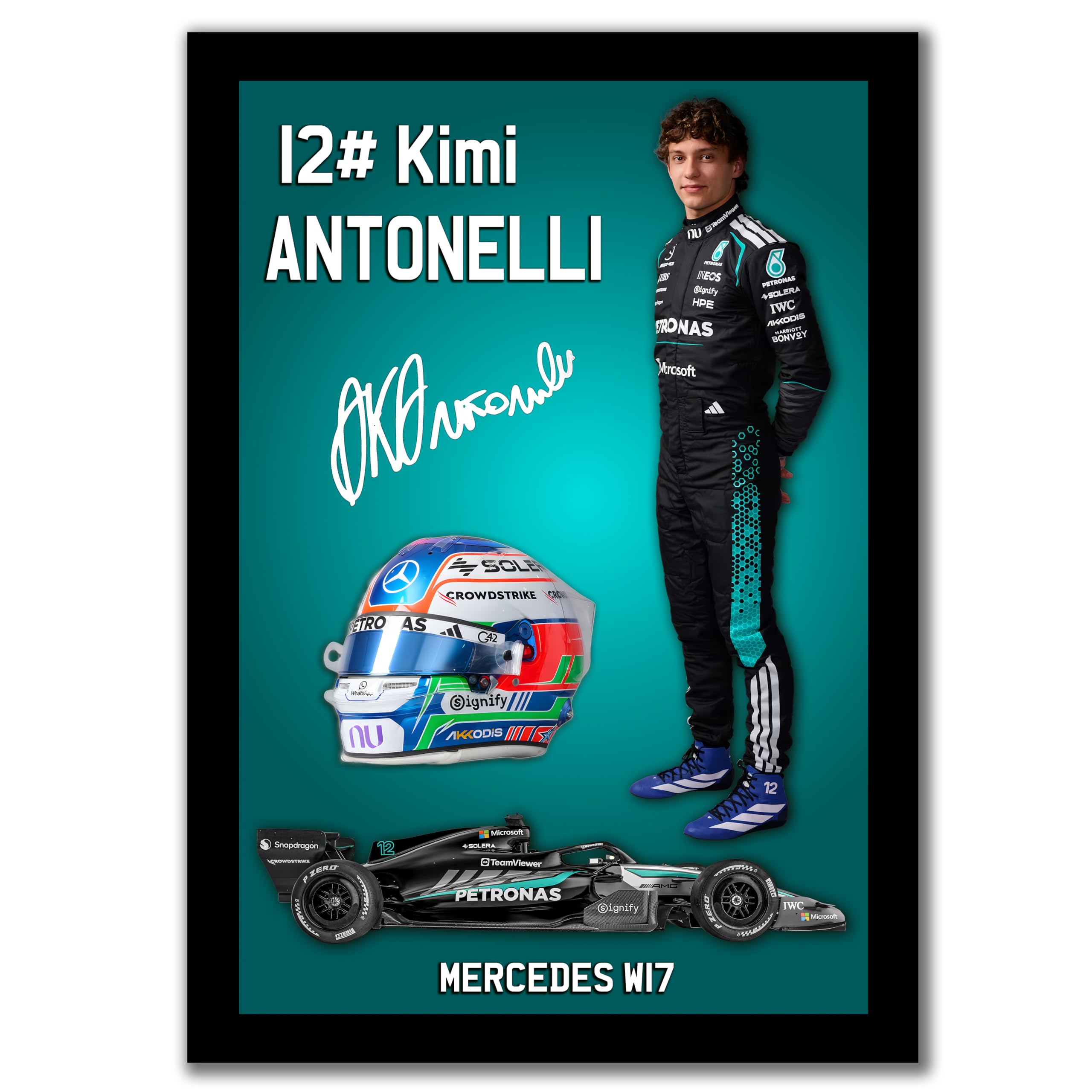 Kimi Antonelli F1 Poster - #12 Andrea Kimi Racing Wall Art - 2026 Mercedes W17 Formula 1 Print - Silver Arrows Rookie Driver Decor - F1 Helmet & Race Car Art - A4 Motorsport Fan Gift
