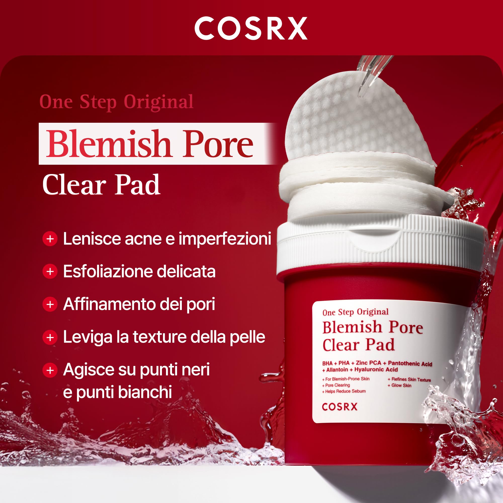 COSRX OneStep Original Blemish Pore Clear Pad, 100 cialde, Dual side Face Pad for Exfoliation, Pore Care & Idration with BHA, PHA & Zinc PCA & 5 Acidi ialuronici, coreano Skin Care