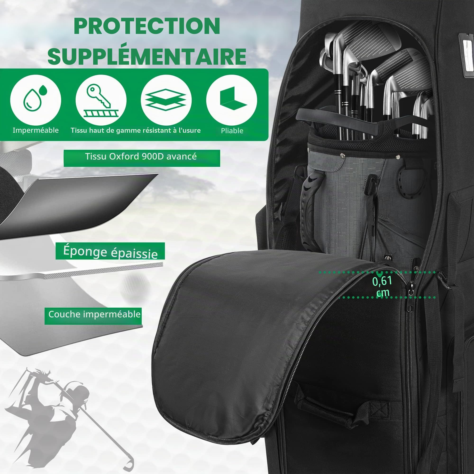 Sac de voyage pour golf avec roues, sac de clubs de golf à grande capacité, chariot de golf avec roues renforcées, sac de golf en tissu Oxford 900D imperméable pour les voyages en avion