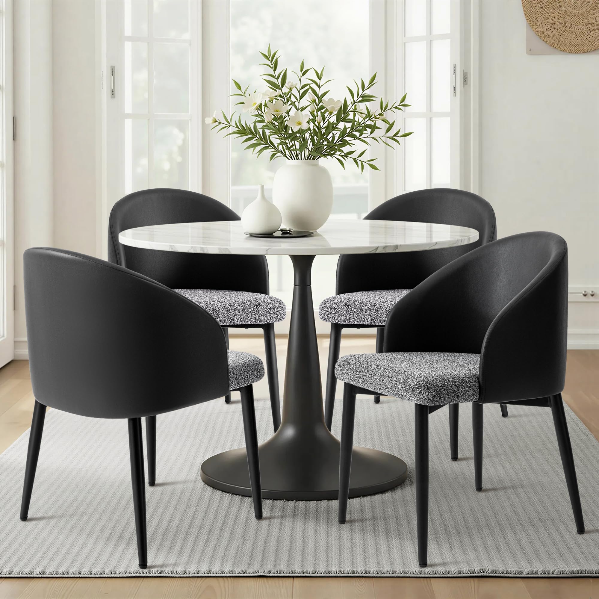 CAPCAPA Upholstered Dining Chairs Set of 4, Mid Century Modern Accent Chair, Black Faux Leather Side Chairs with Curved Backrest, Metal Legs,