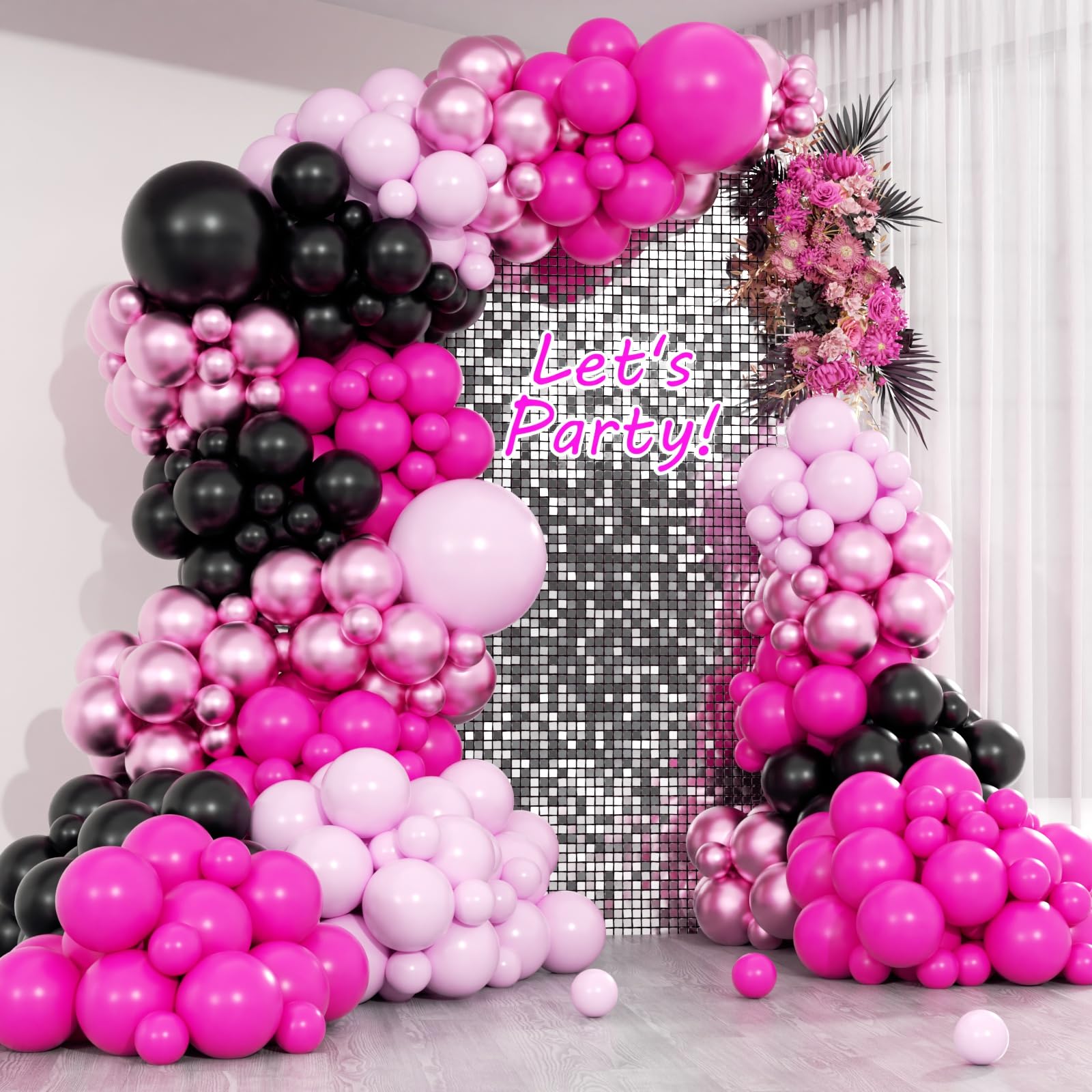 HKYOOD 148Pcs Pink and Black Balloons Garland Arch Kit - 5 10 12 18 inch Hot Pink Black Light Pink Metallic Pink Latex Balloon for Birthday Baby