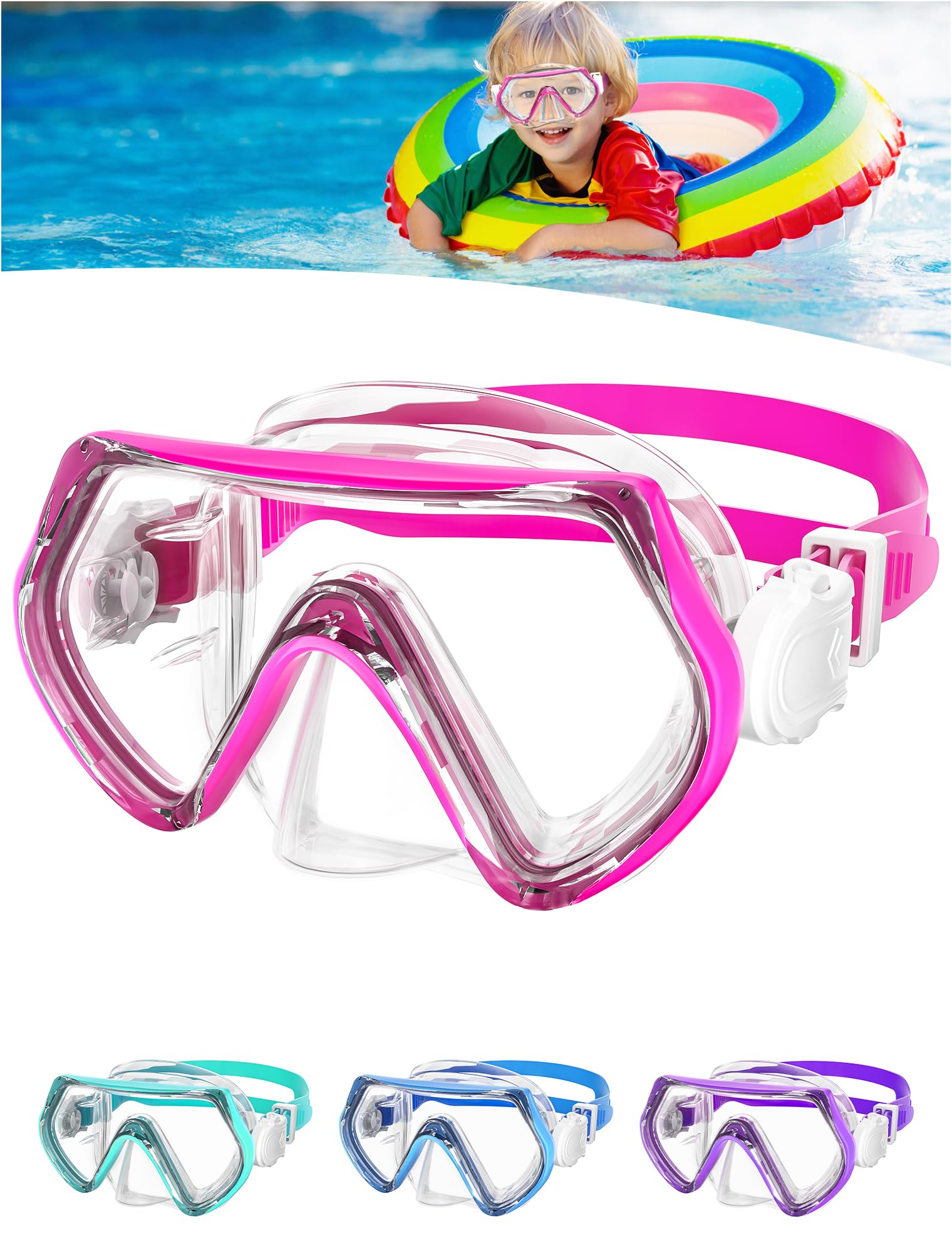 Taucherbrille Kinder, Schnorchelmaske Kinder 4-10 Jahre, Tauchmasken mit Silikon-Nasenabdeckung, Schwimmbrille Kinder 180°Panorama-HD-Gehärtetes-Glas Tauchmasken mit Verstellbarem Silikonband