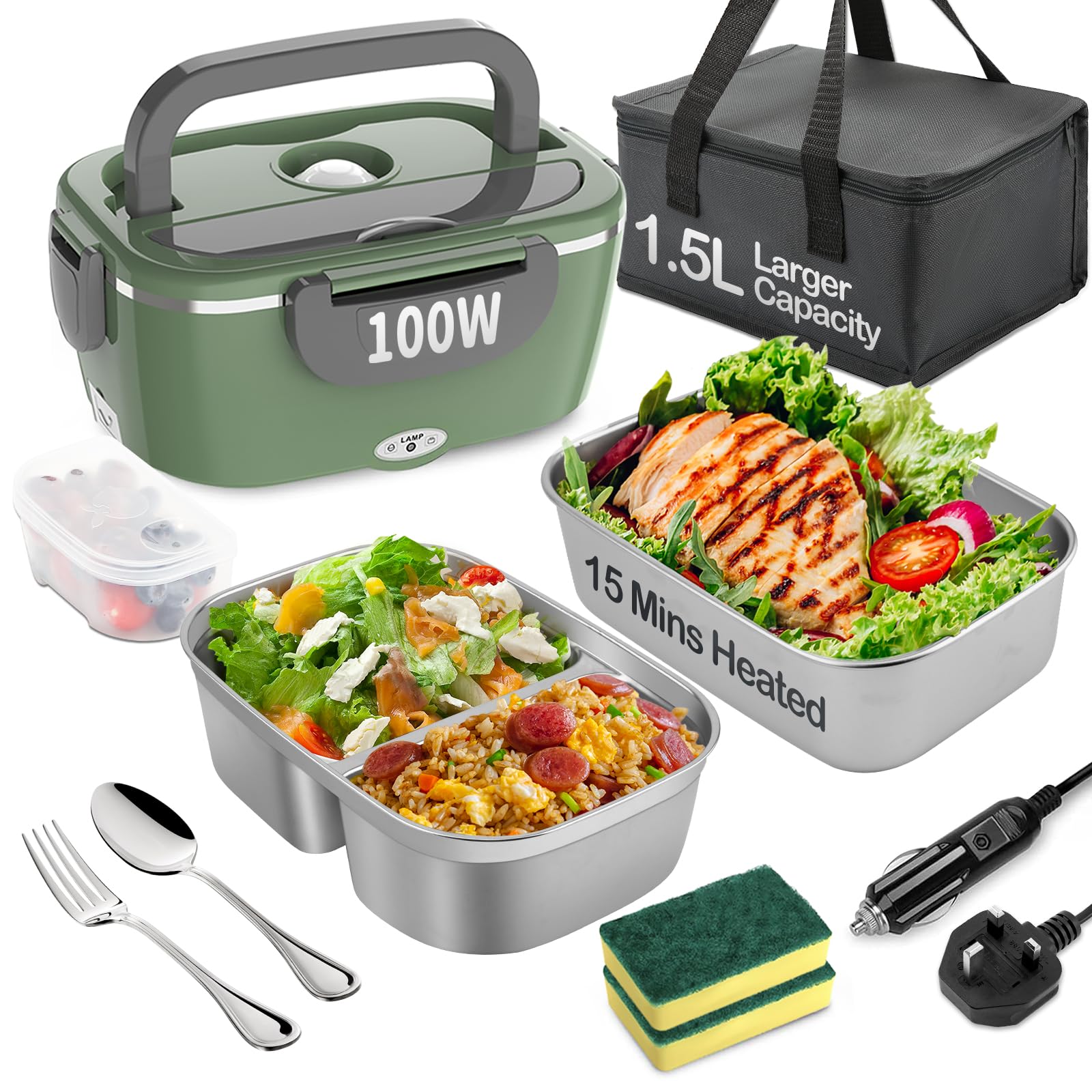 BYbrutek Electric Lunch Box 100W, 1.5L Removable Stainless Steel, 3-in-1 Portable Heated Lunch Box, 12V/24V/220V Insulated Heat Box for Car/Truck/Office/Home (Green, 1.5L)