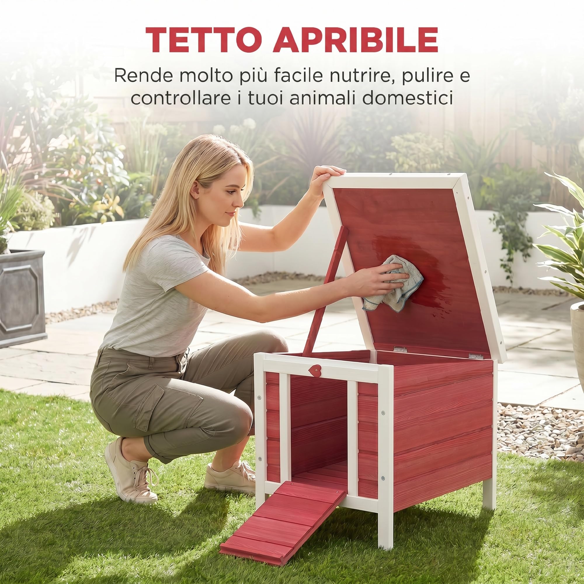 PawHut Gabbia per Conigli in Legno con Tetto Apribile in Asfalto, Conigliera con Rampa di Accesso Antiscivolo, 51x42x43 cm, Rosso