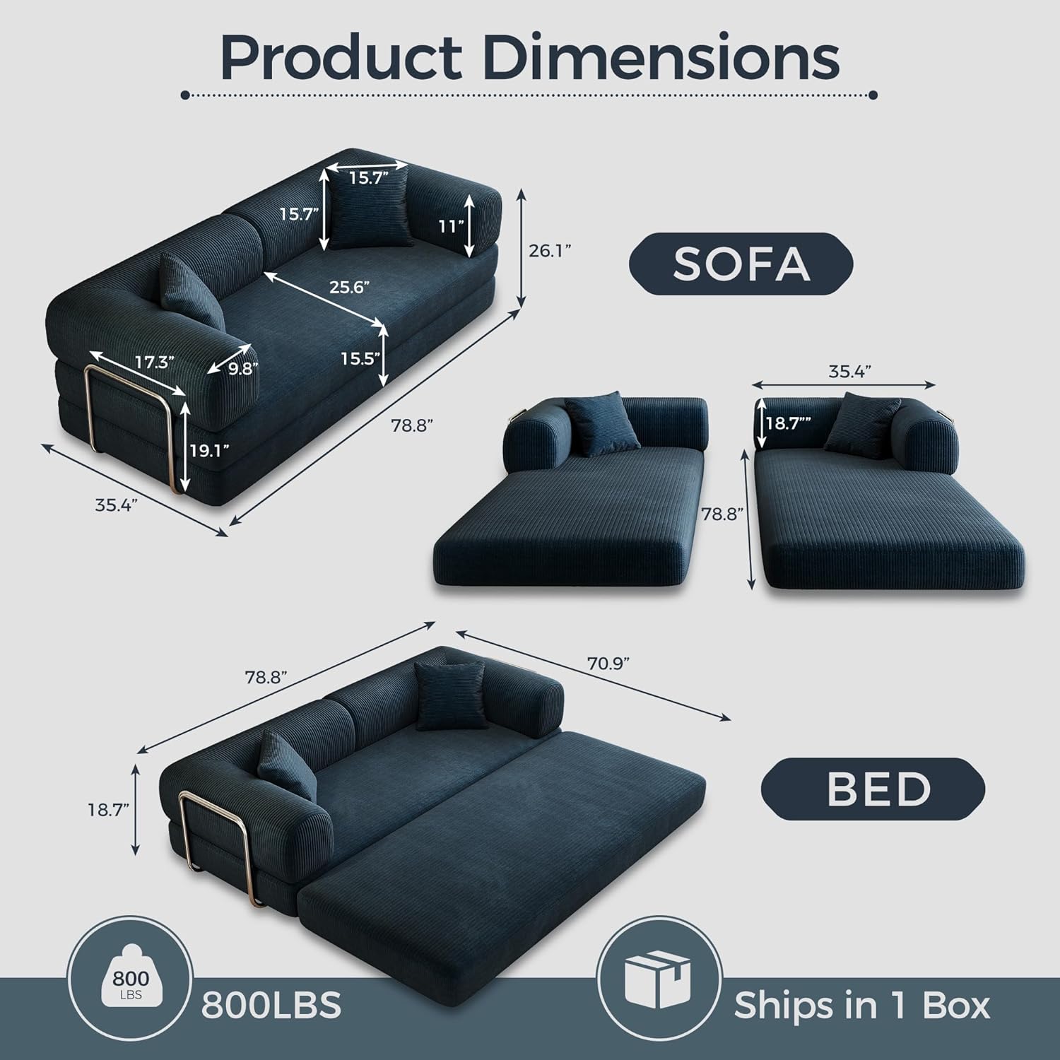 MAKIAAP 78.5'' Convertible Folding Sofa Bed – 4-in-1 Modular Floor Couch, Corduroy Small Cloud Couch, Compressed Foldable Sleeper Sofa, King Size Futon for Bedroom, Guest Room (Blue)