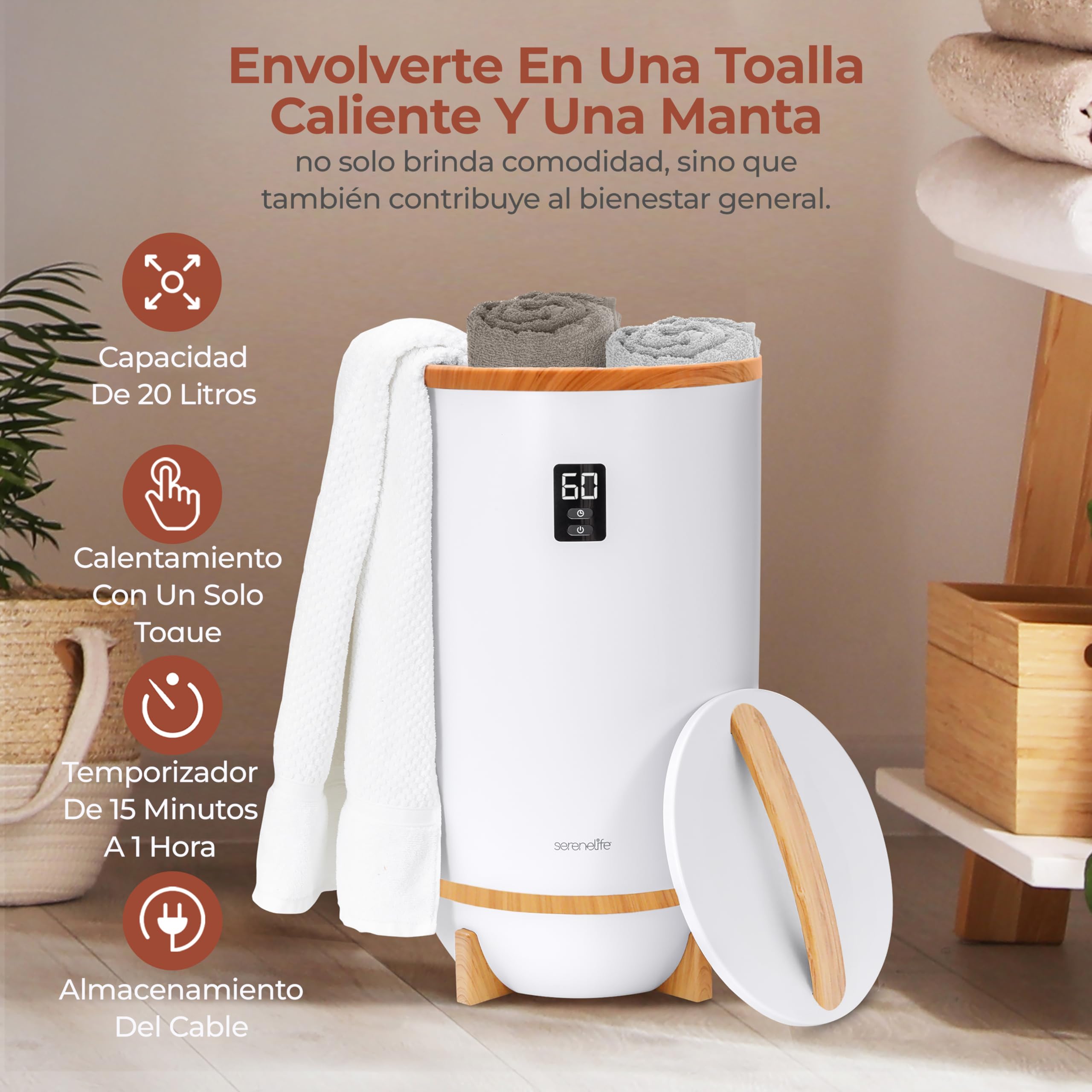 SereneLife calentador de toallas tipo cubeta, Con fragancia personalizable, Towel warmer, Spa, Calientatoallas, Electrico, Apagado automatico, Portatil, ideal para Pijamas, Manta, Bata de baño
