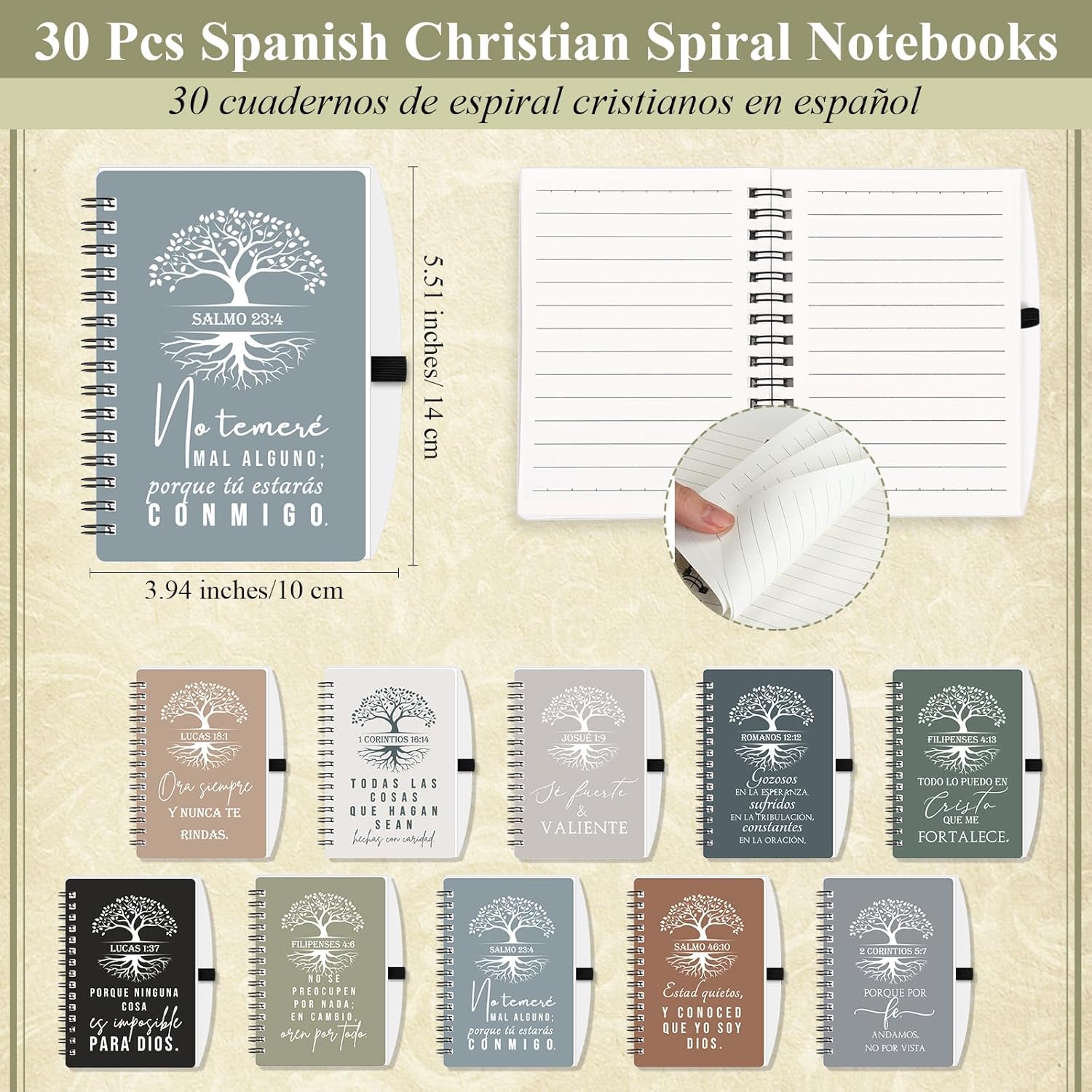 Kosiz 60 Pcs Spanish Christian Spiral Notebooks with Pens, Tree Life Bible Verse Scripture Quote A6 Journal, Religious Inspirational Gift for Bible Study Group, Church(Classic Style,Boho Color)
