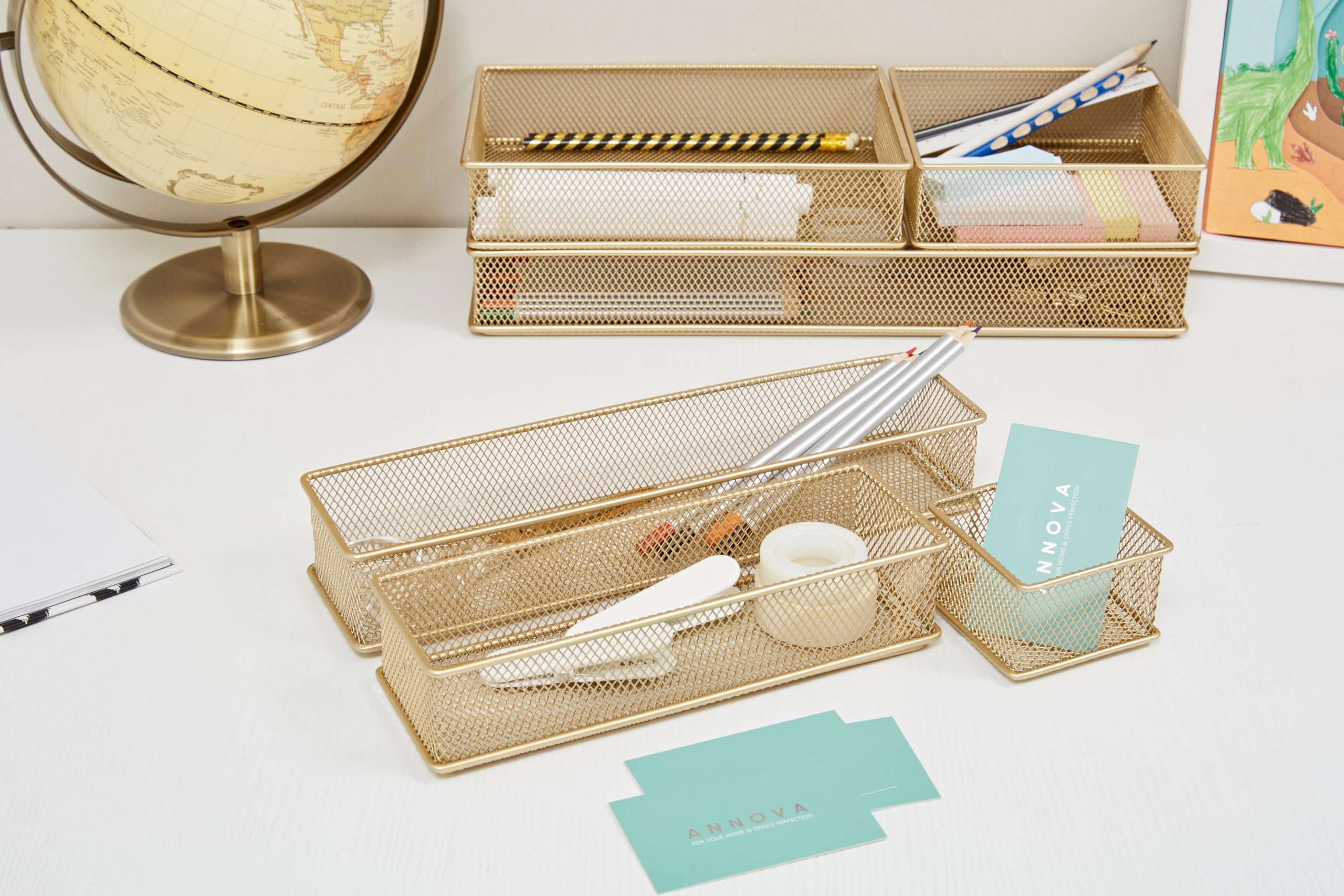 Annova Set di 2 cestini portaoggetti in rete per cassetti e mensole, per scuola e ufficio (d'oro, 15x7.5x5cm)