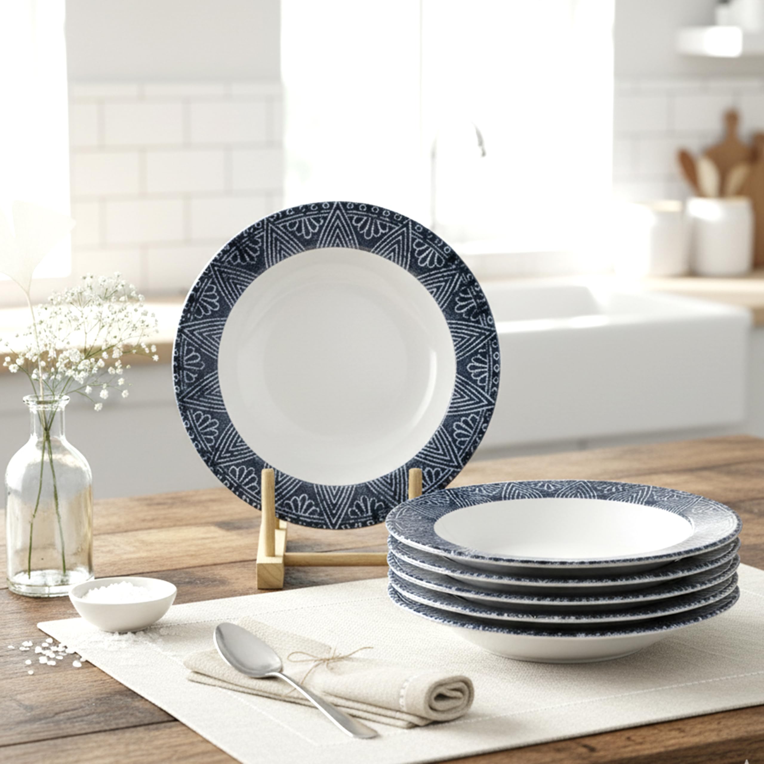 Ceramic Ginko 22Cm Round Soup Plate, White - Deep Dish Ideal for Serving Soups, Pasta, Salads & Curries - Microwave & Dishwasher Safe (Set of 6)