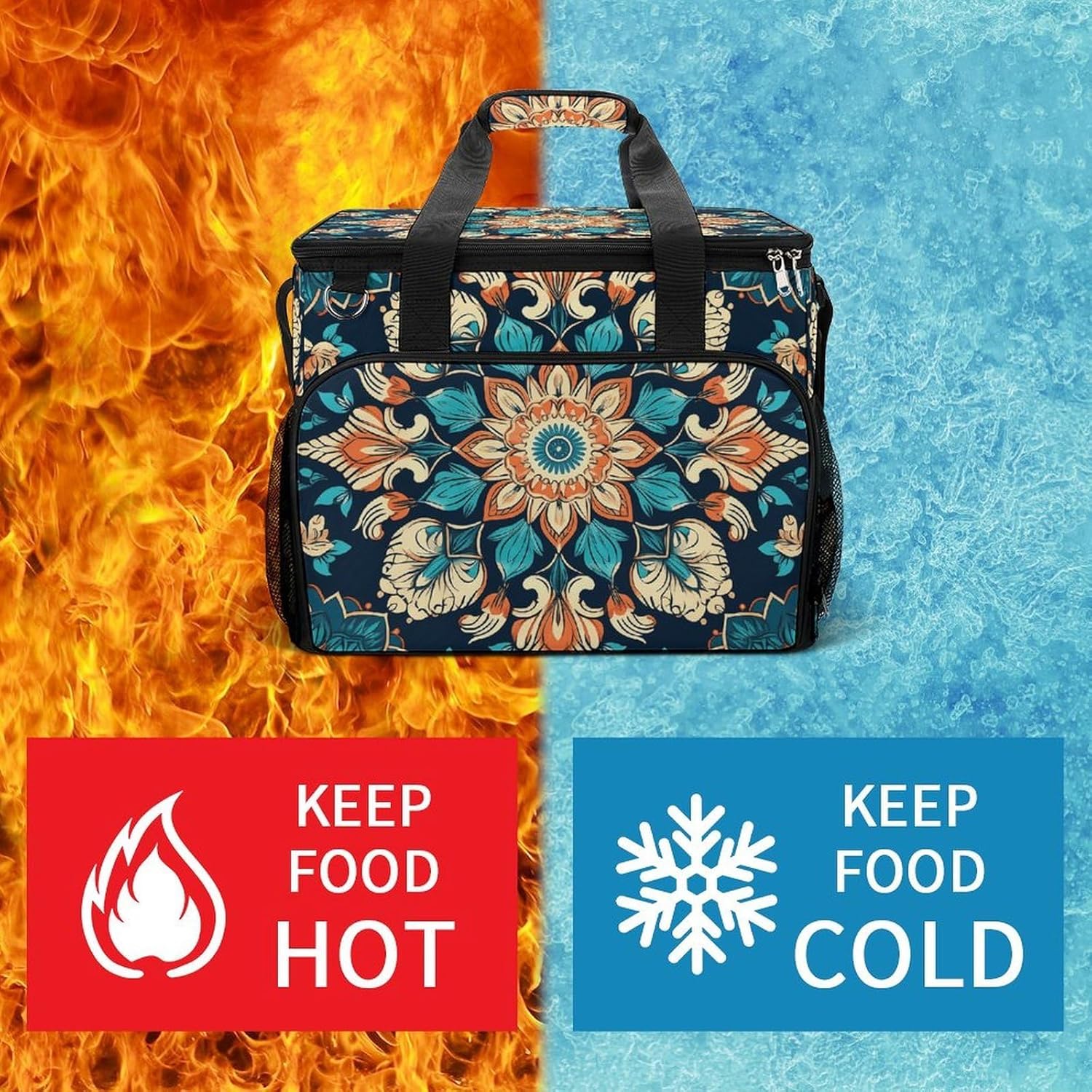 Insulated Picnic Backpack Tote Bag, Large Capacity 30L Vintage Mandala Flowers Cooler Bag Leakproof Beach Bags Portable Lunch Box Waterproof Picnic Basket for Beach Camping BBQ