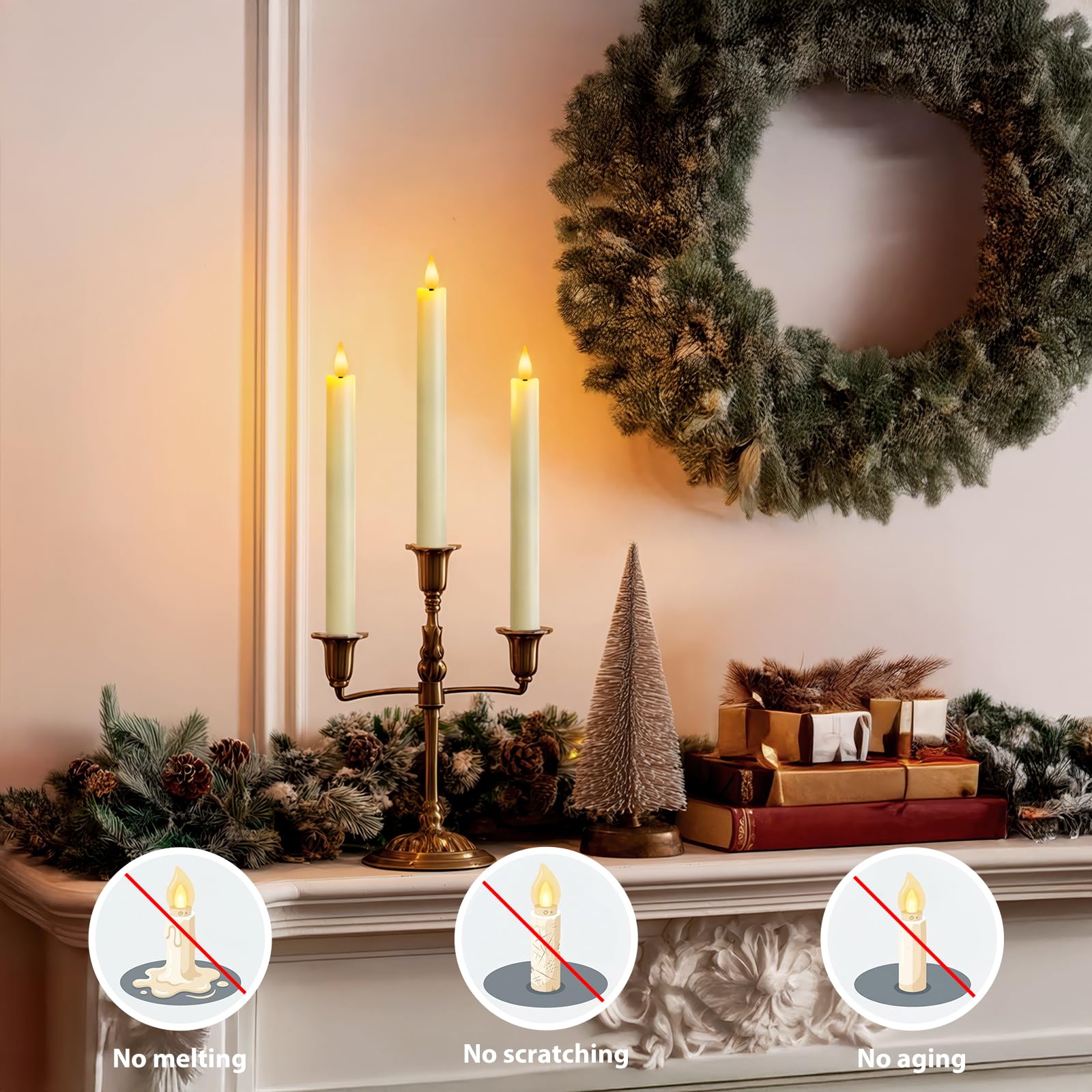 6 velas cónicas sin llama con regulador de temporizador remoto, candelabros LED de plástico marfil de 9.6 pulgadas