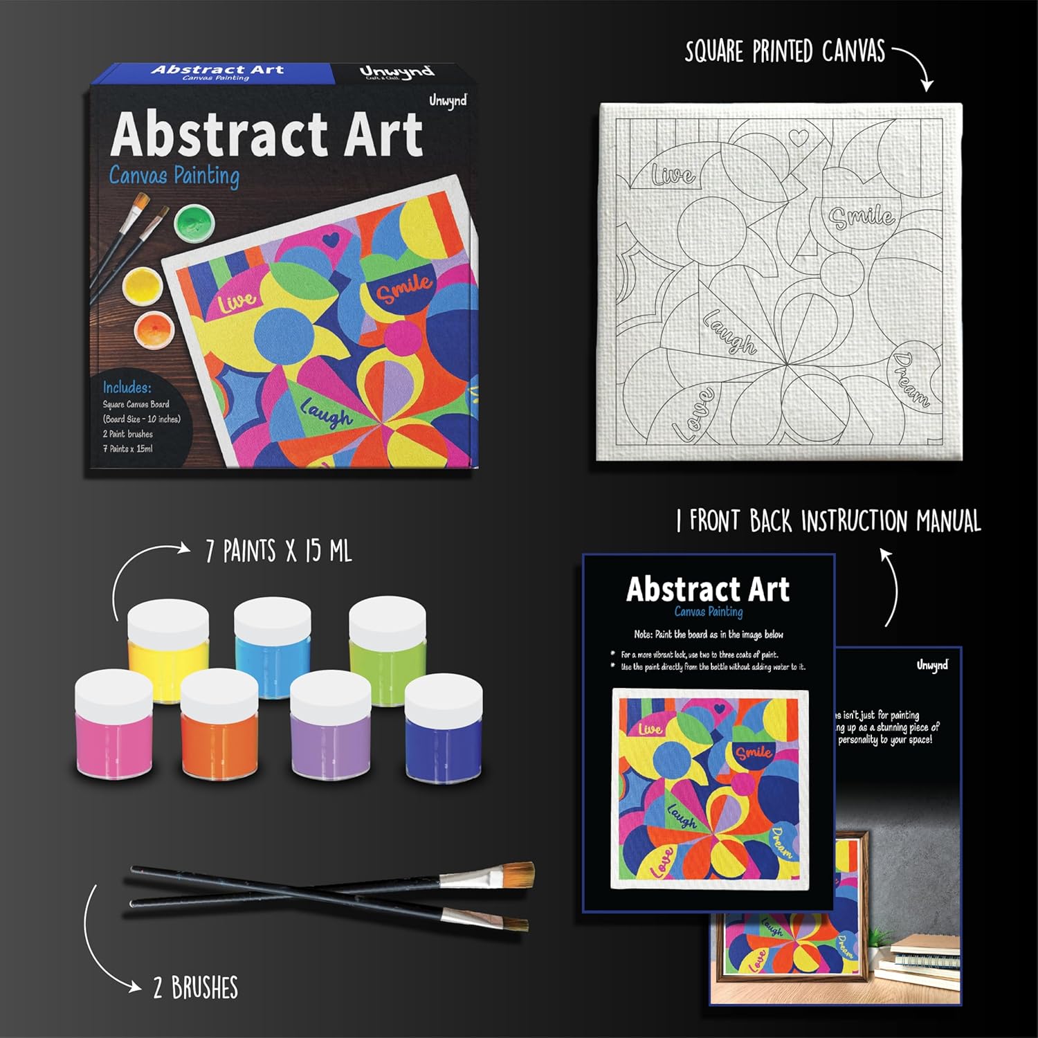 Unwynd Abstract Art Canvas Paint, 10" Canvas Board with 7 Acrylic Paints, Adult Paint by Number Kits, Creative Home Décor Art Craft, DIY Abstract Painting Set, Gift for Adults & Teens.