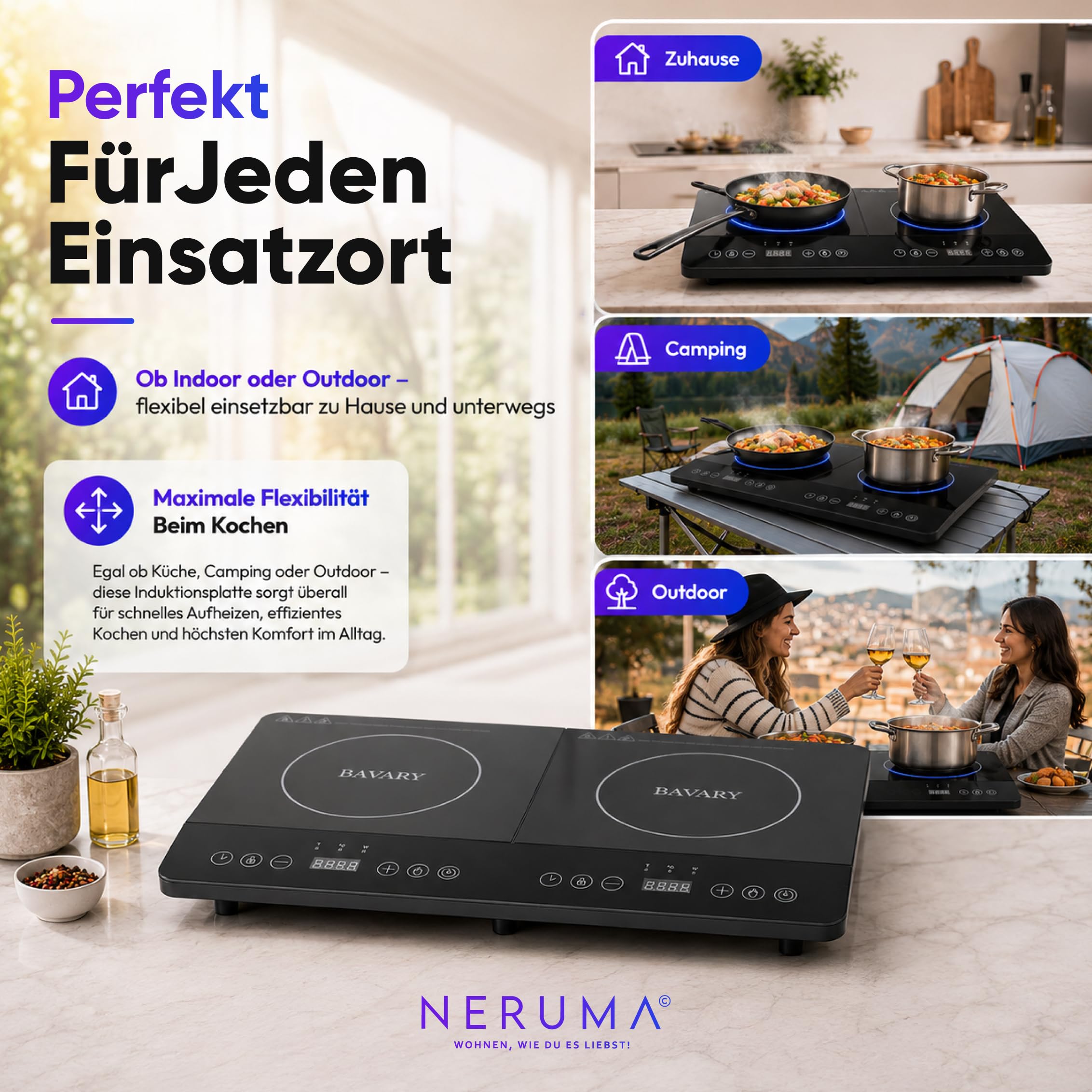 Induktionskochfeld 2 Platten 3500W – Doppel Induktionskochplatte Tragbar mit Touch Display, 8 Kochprogrammen & Kindersicherung, Mobile Kochplatte für Camping & Küche