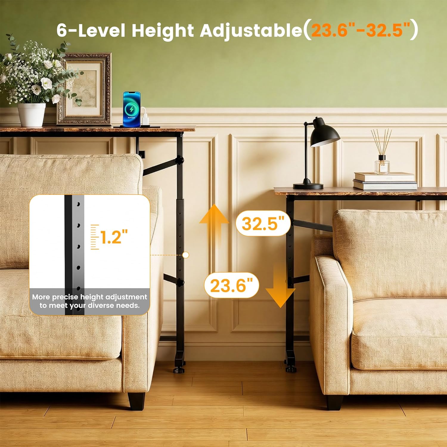 78.8" Height Adjustable Sofa Table with Outlets (23.6"-32.5"), Narrow Behind The Couch Table with Power Outlet USB-C Ports, Console Table for Living Room Entryway, Rustic Brown