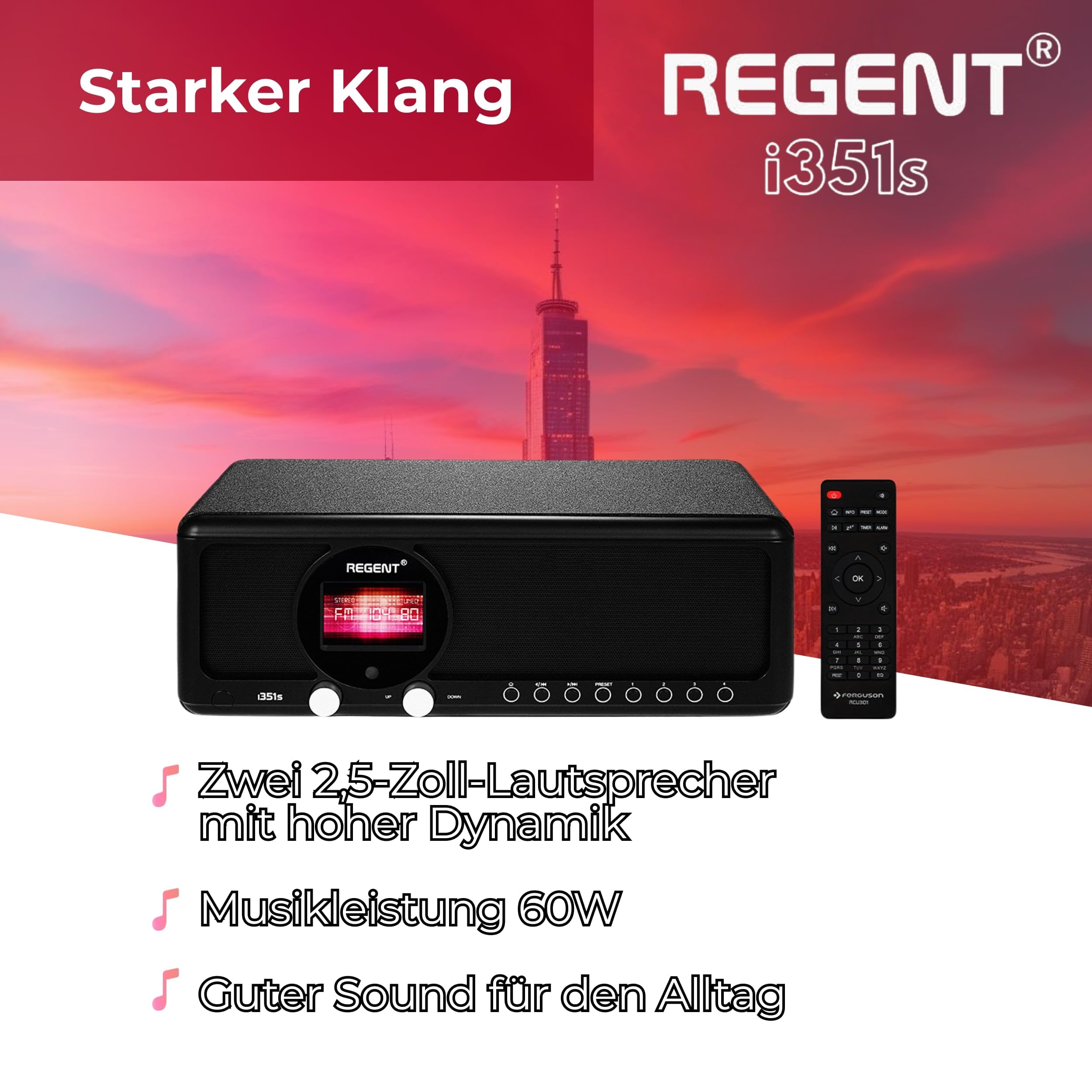 Ferguson Regent i351S – Internetradio WLAN, DAB+ Radio mit Bluetooth, Spotify Connect, Farbdisplay, Dual Alarm, Fernbedienungs-App, einzigartige Bluetooth-Sender Two Way BT (Schwarz)