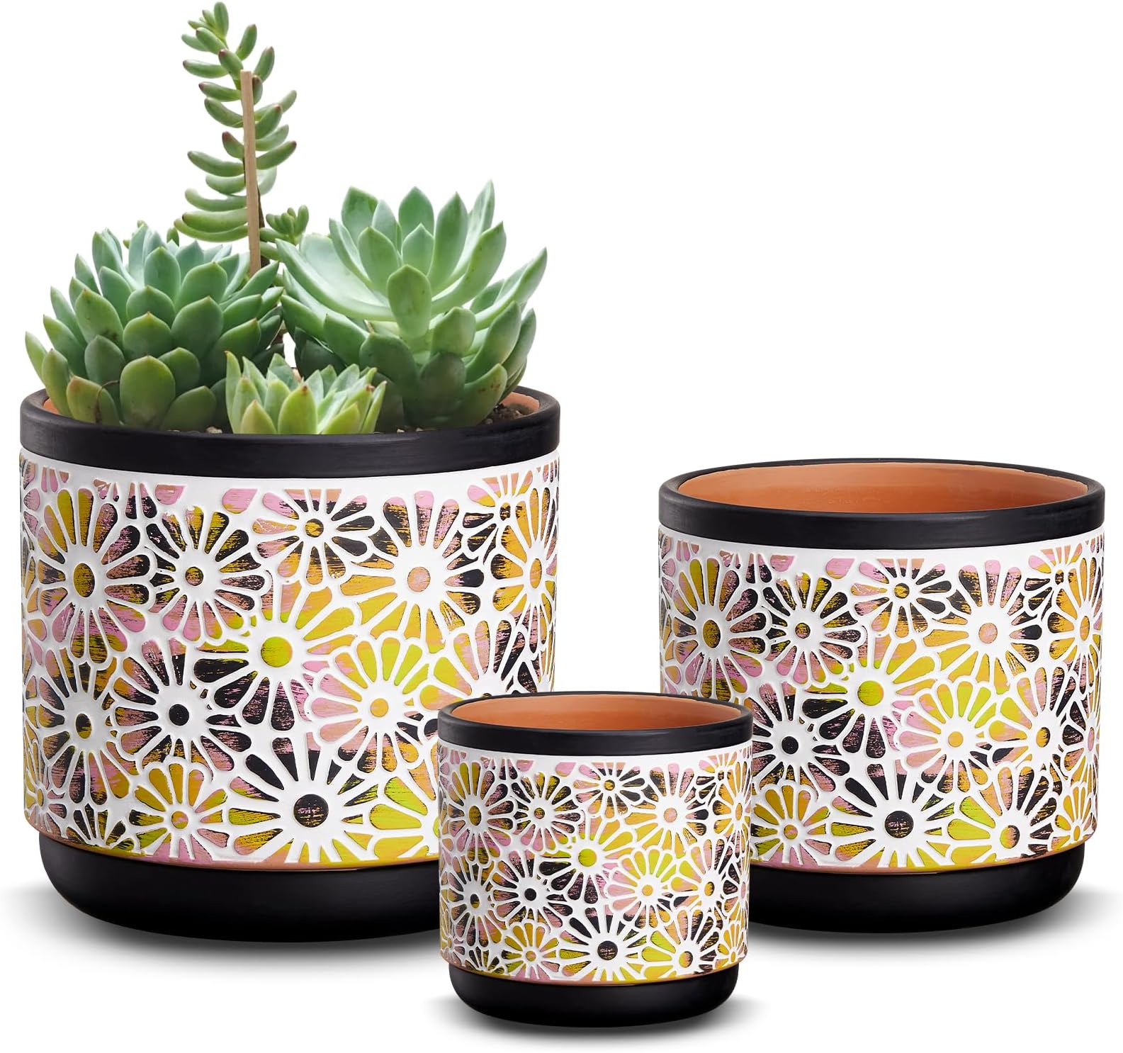 Qipecedm 3 Piece Ceramic Plant Pots, 5.7/4.7/3.5/inch Planters with Drainage Hole, Outdoor Indoor Flower Pots Set, Modern Decorative Plant Pots for Lilies, Cacti, Succulents, Snakes, Bamboo(Black)