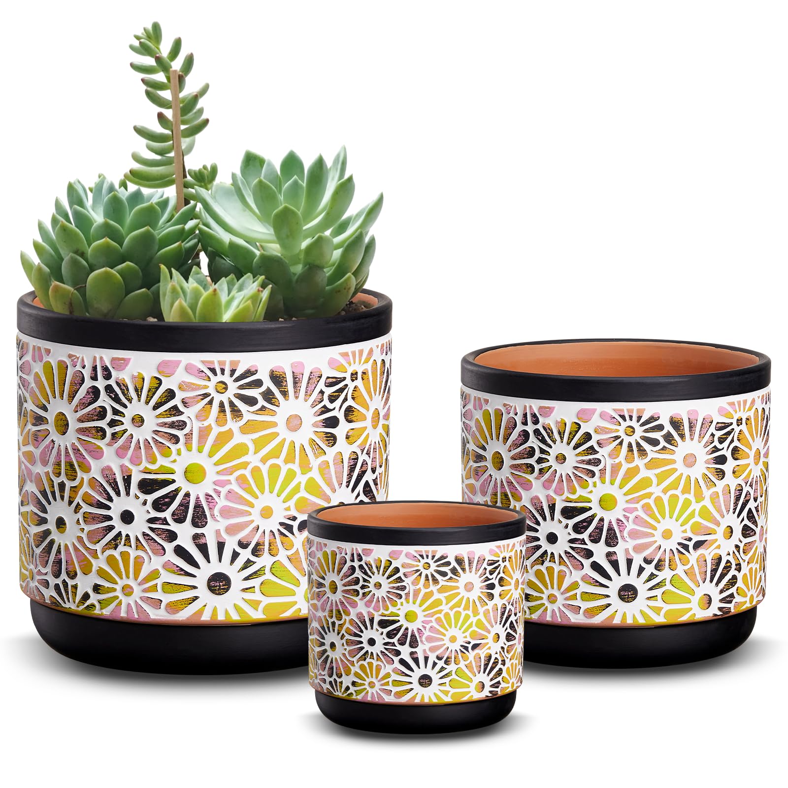 3 Piece Ceramic Plant Pots, 5.7/4.7/3.5/inch Planters with Drainage Hole, Outdoor Indoor Flower Pots Set, Modern Decorative Plant Pots for Lilies, Cacti, Succulents, Snakes, Bamboo(Black)