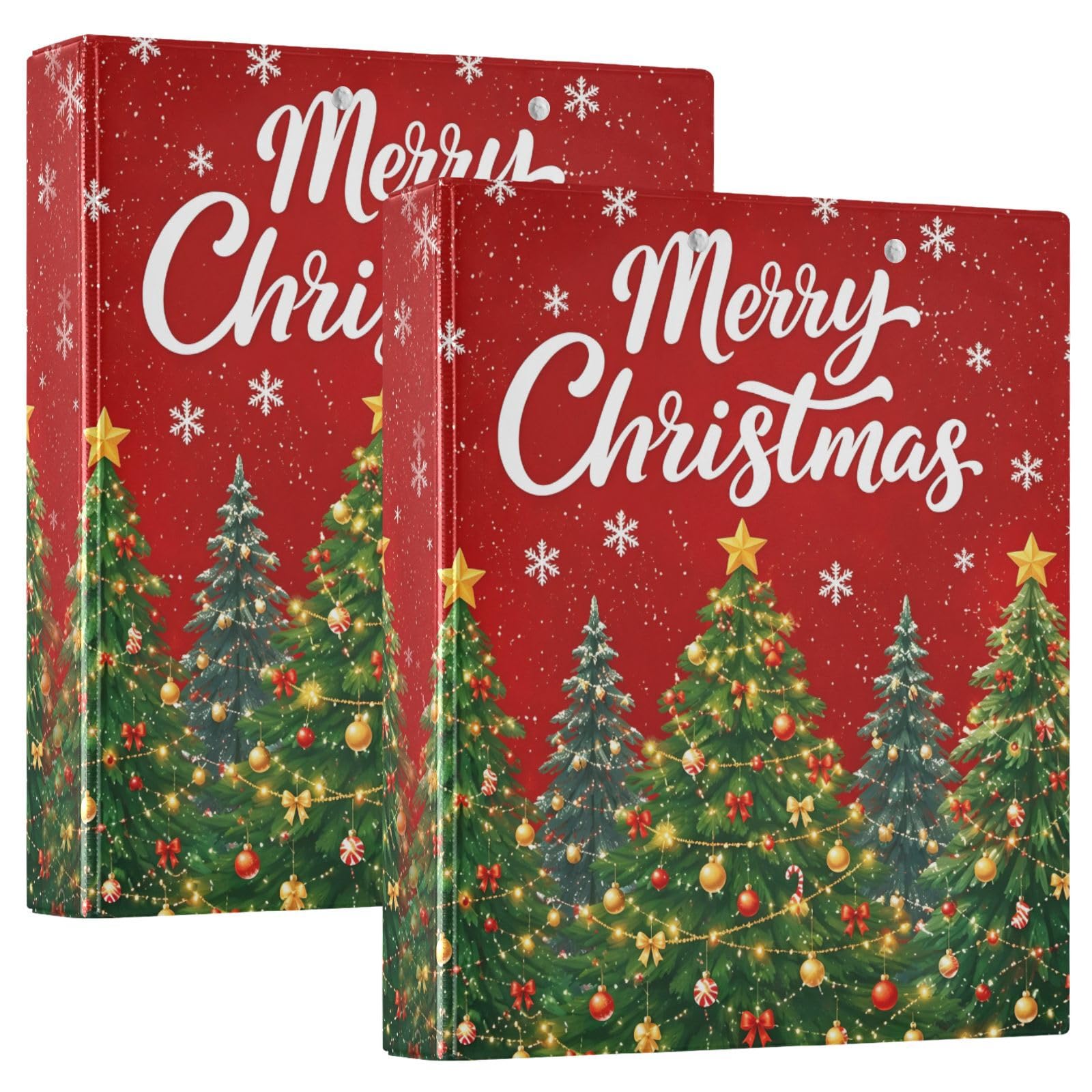 Christmas Tree Red Snuwflakes 3 Ring Binder with 2 Interior Pockets 1.5 inch Binders 3 Ring Heavy Duty Fit 8.5" x 11" Letter Size for Office School, 2 Pack
