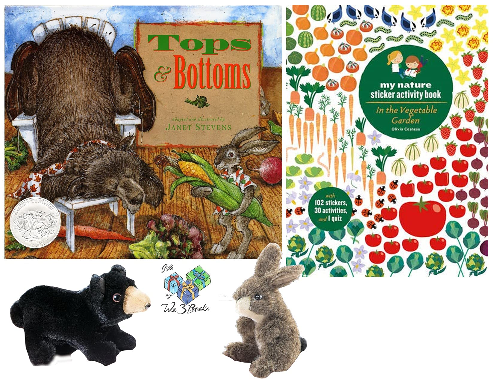Tops & Bottoms Gift Set Includes Hardcover by Janet Stevens, in The Vegetable Garden Nature Activity Sticker Book and Folkmanis Mini Black Bear & Jack Rabbit Finger Puppets (How Plants Grow)