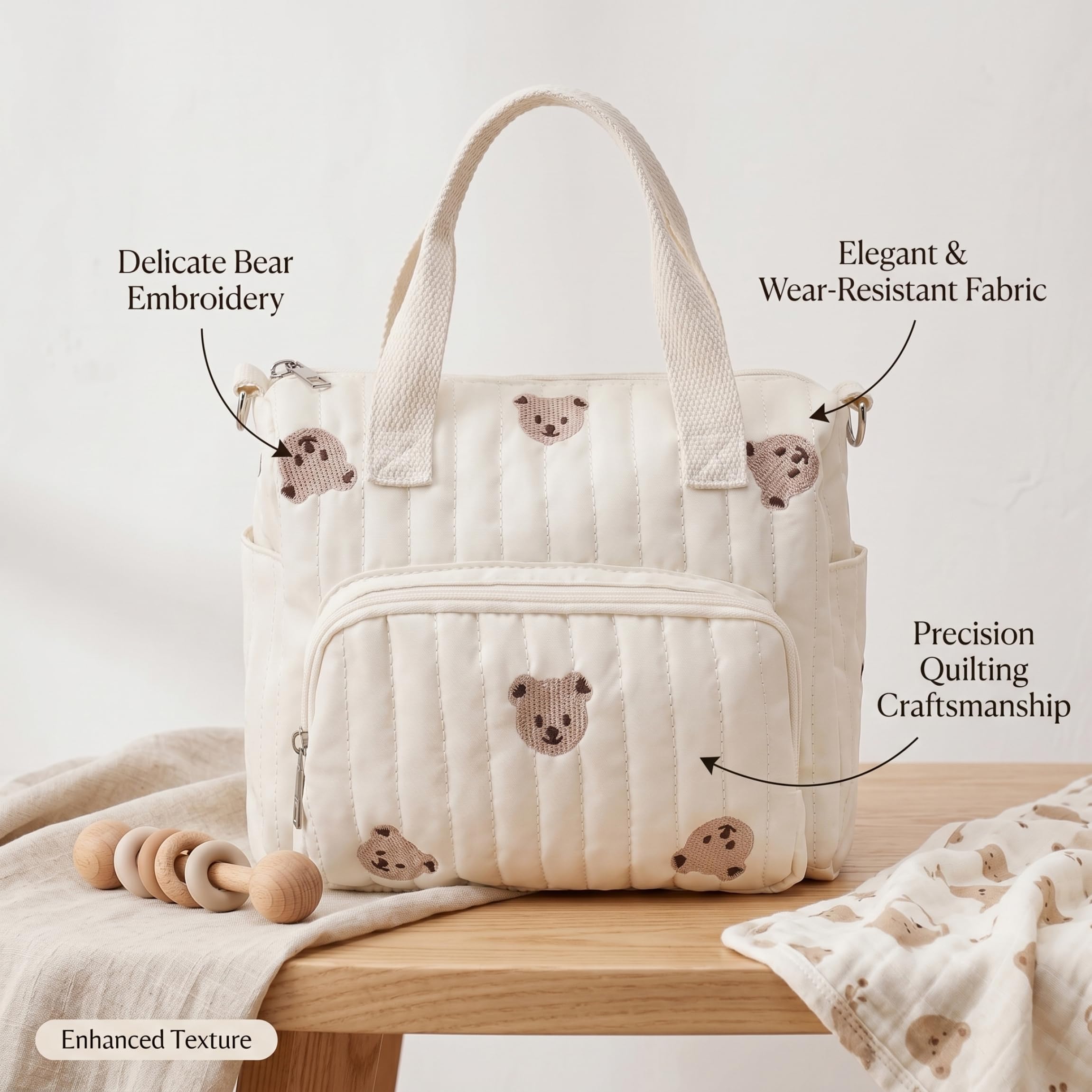Borsa piccola per pannolini trapuntata con ricamo orso bianco 9,4x8,7x4,3 pollici