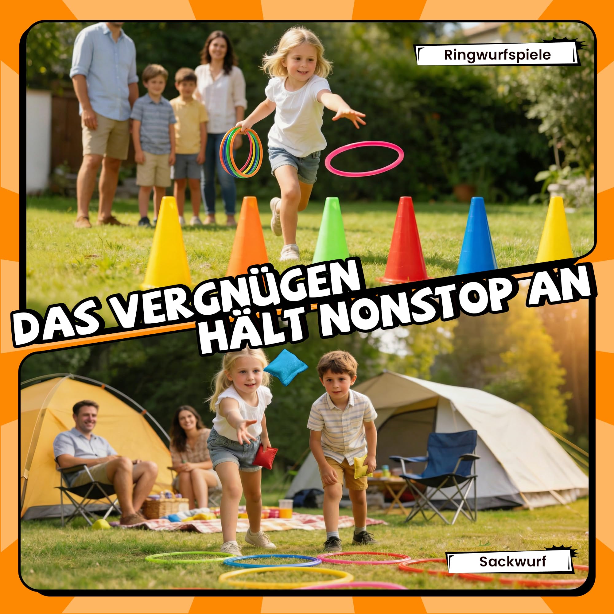 ROPODA Outdoor Spiele für Kinder, 57-teiliges Gartenspielzeug Kinder Erwachsene, Outdoor Spielzeug, Kunststoffkegel, Sitzsäcke, Ringwurfspiel, Eierlauf-Set, Sackhüpfen Säcke, 3Bein Rennen