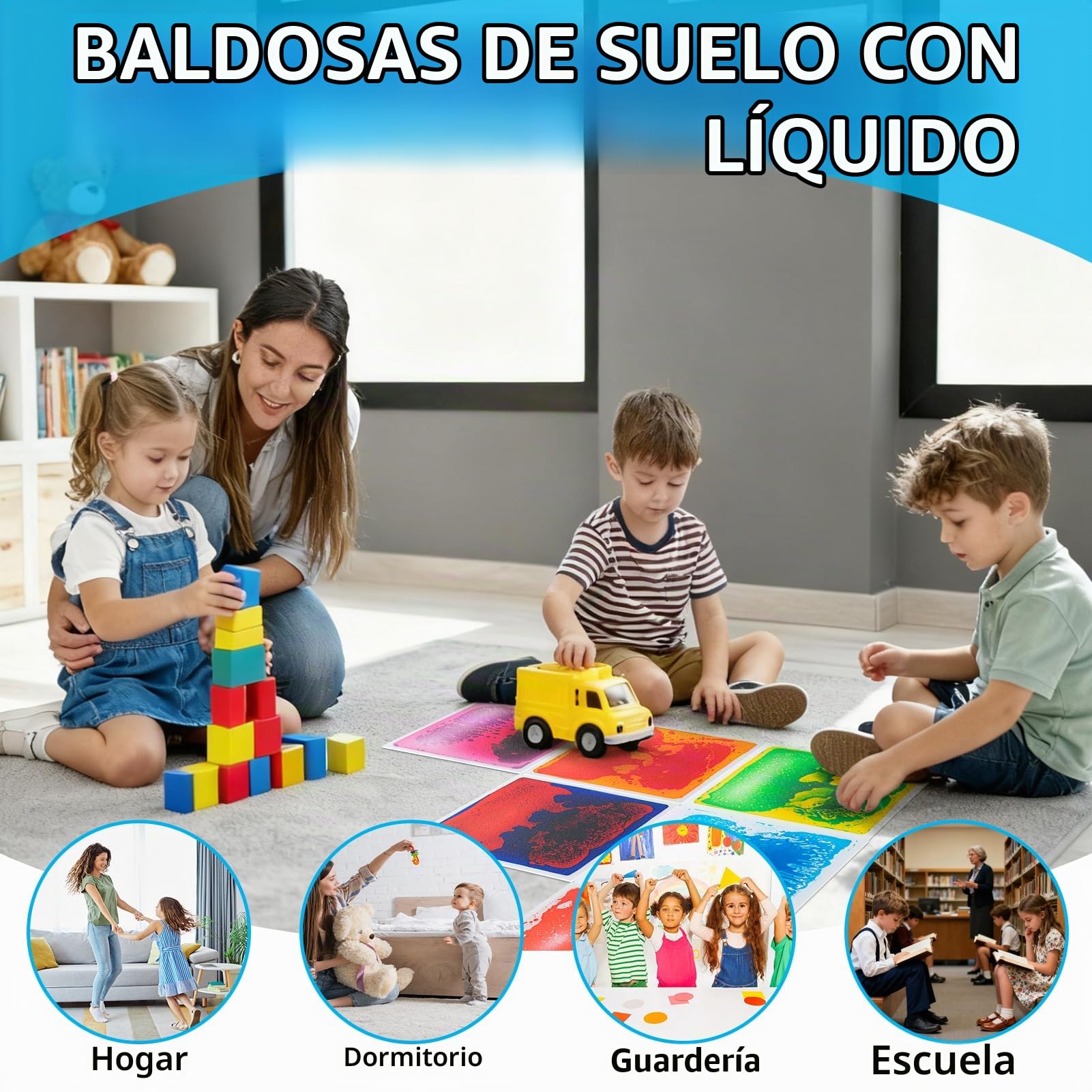 Art3d Baldosas Sensoriales Líquidas Cuadradas | 4 Piezas PVC 30x30 cm | Líquido Atóxico y Antideslizante | Juego Niños, Escuela | Sin Instalación
