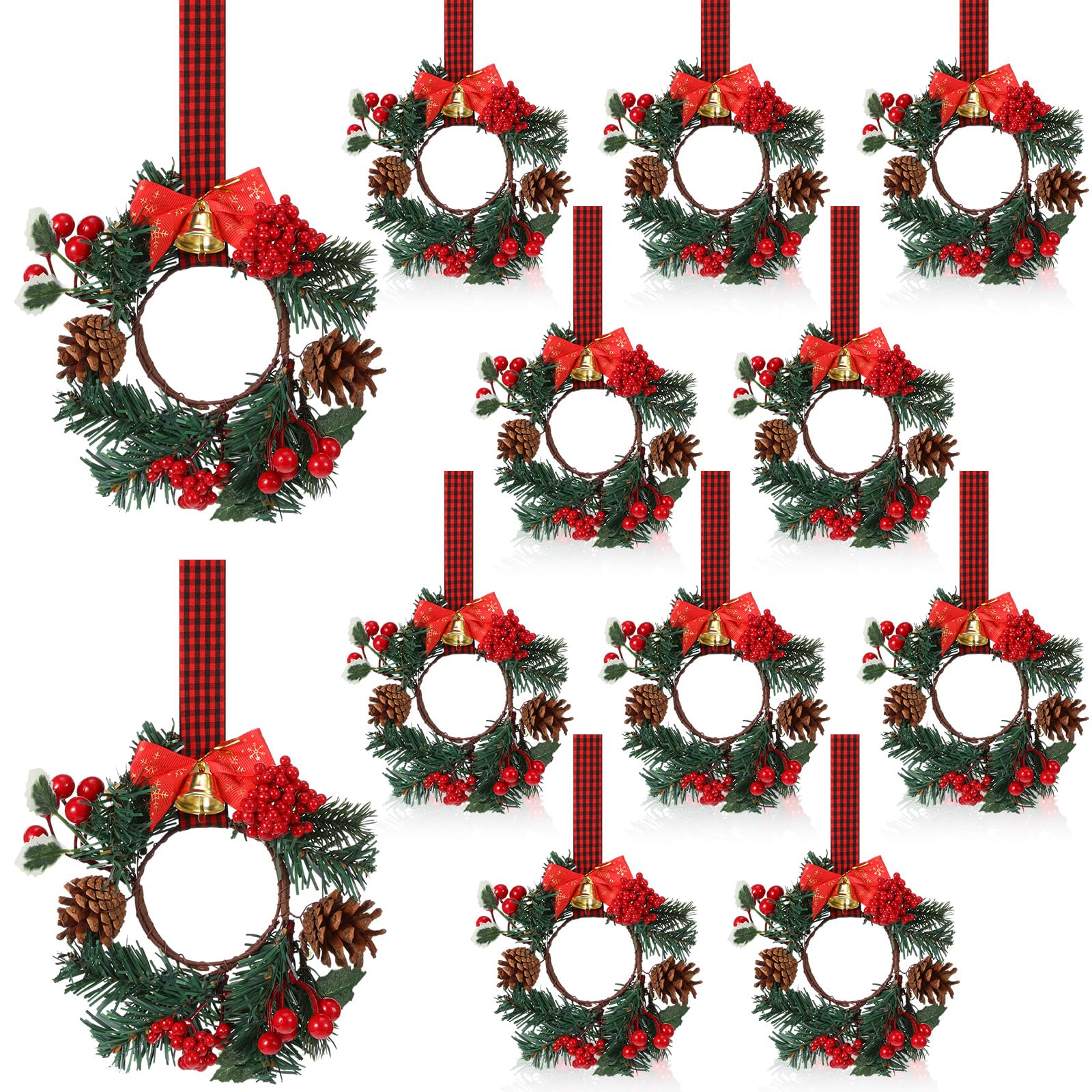 Zeyune 12 Pcs Christmas Kitchen Cabinet Wreaths with Plaid Bow Ribbon Hanging Cabinet Doors Wreaths Decorative for Kitchen Window Outdoor Indoor Holiday Decor, 14.96 x 7.87'' (Vibrant Style)