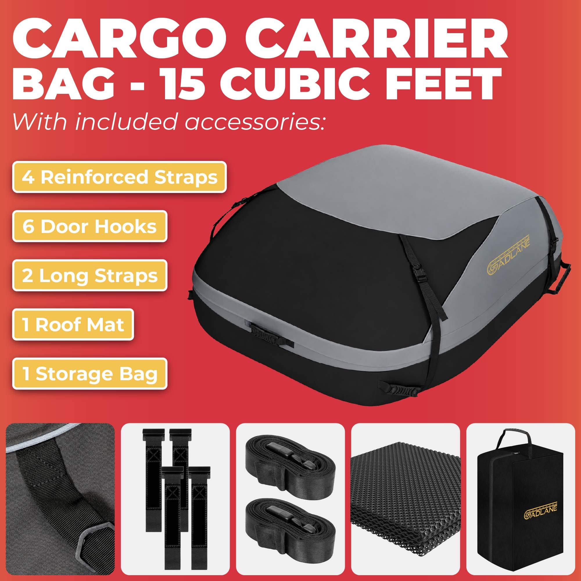 GADLANE Bolsa de Techo para Coche, 400L, Impermeable, para Coches y SUV, con o sin portaequipajes, con 4 Correas Resistentes, Alfombrilla Antideslizante, Bolsa de Almacenamiento (Gris)