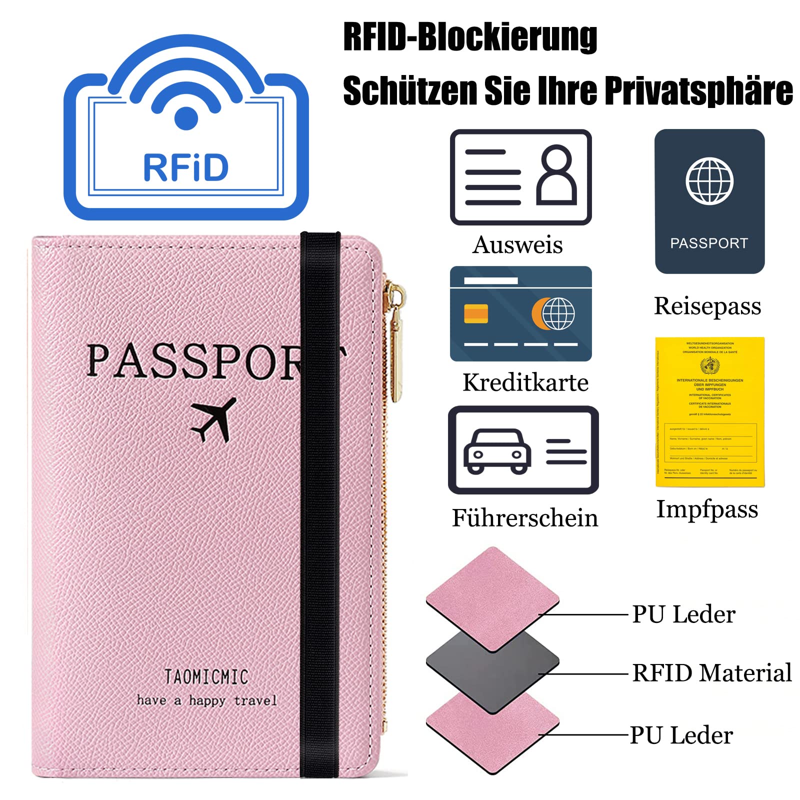 Toctax Custodia per Passaporto, Portafoglio da Viaggio, Copertina per Passaporto con Blocco Rfid, Custodia da Viaggio per Documenti di Viaggio, Portafoglio Multiscomparto con Cerniera (Grigio)