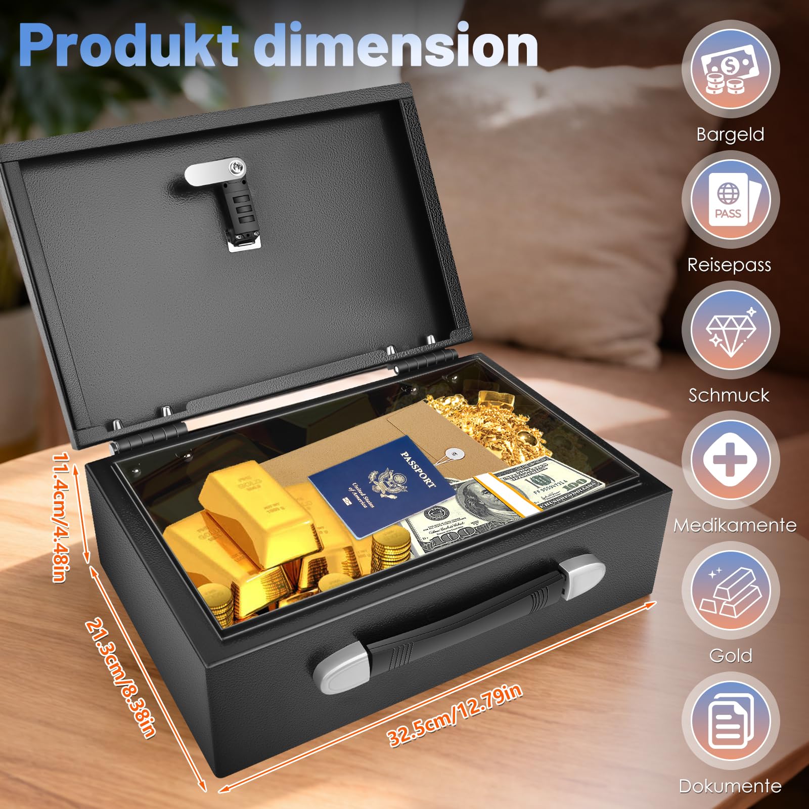 Tragbarer Safe Tresor, 20L Feuerfeste Dokumentenbox mit Griff, Tresor Feuerfest mit Zahlenschloss & Schlüsseln, Wasserdichter Sicherheitsbox für Bargeld Schmuck A4 Dokumente, 32,5 x 21.3 x 11.4 cm