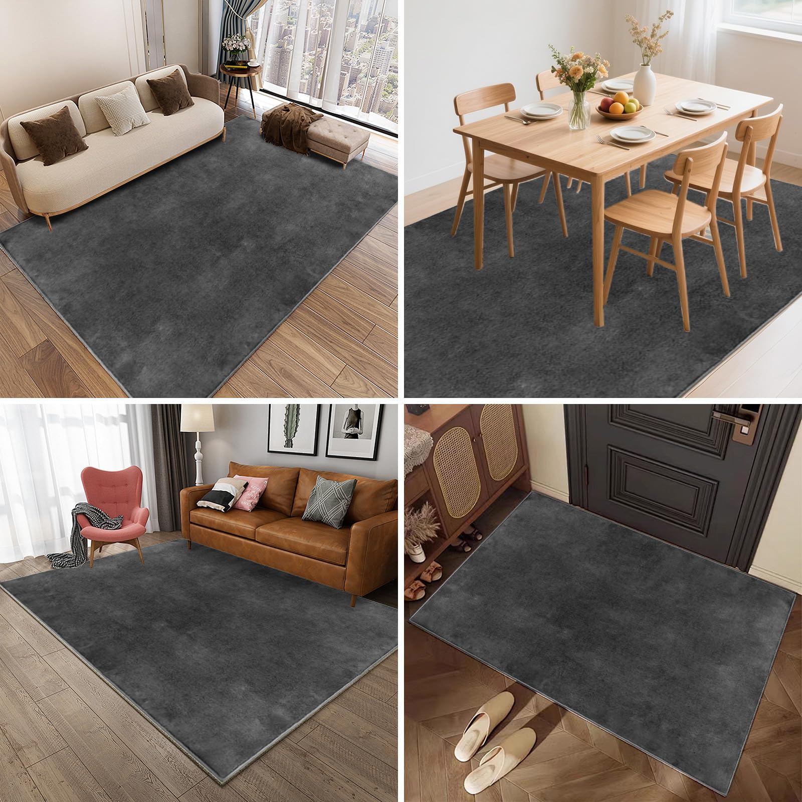 Flacher Kurzflor Teppich Anthrazit 240x340 (ca. 0,5 cm) – Waschbar & rutschfest mit TPE – Leicht, weich & ideal für Saugroboter & Alltag
